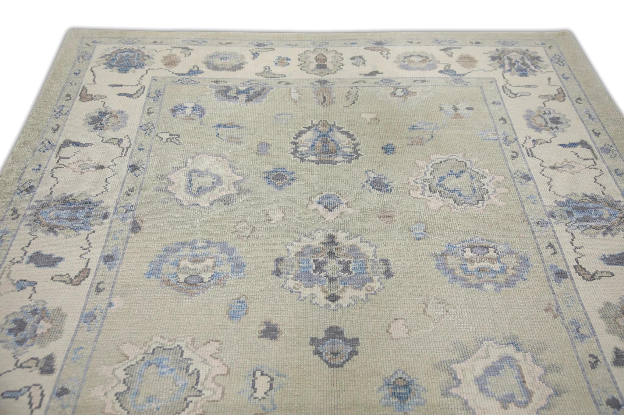 Contemporary Pale Green Handwoven Wool Turkish Oushak Rug w/ Blue Floral Pattern 6'1