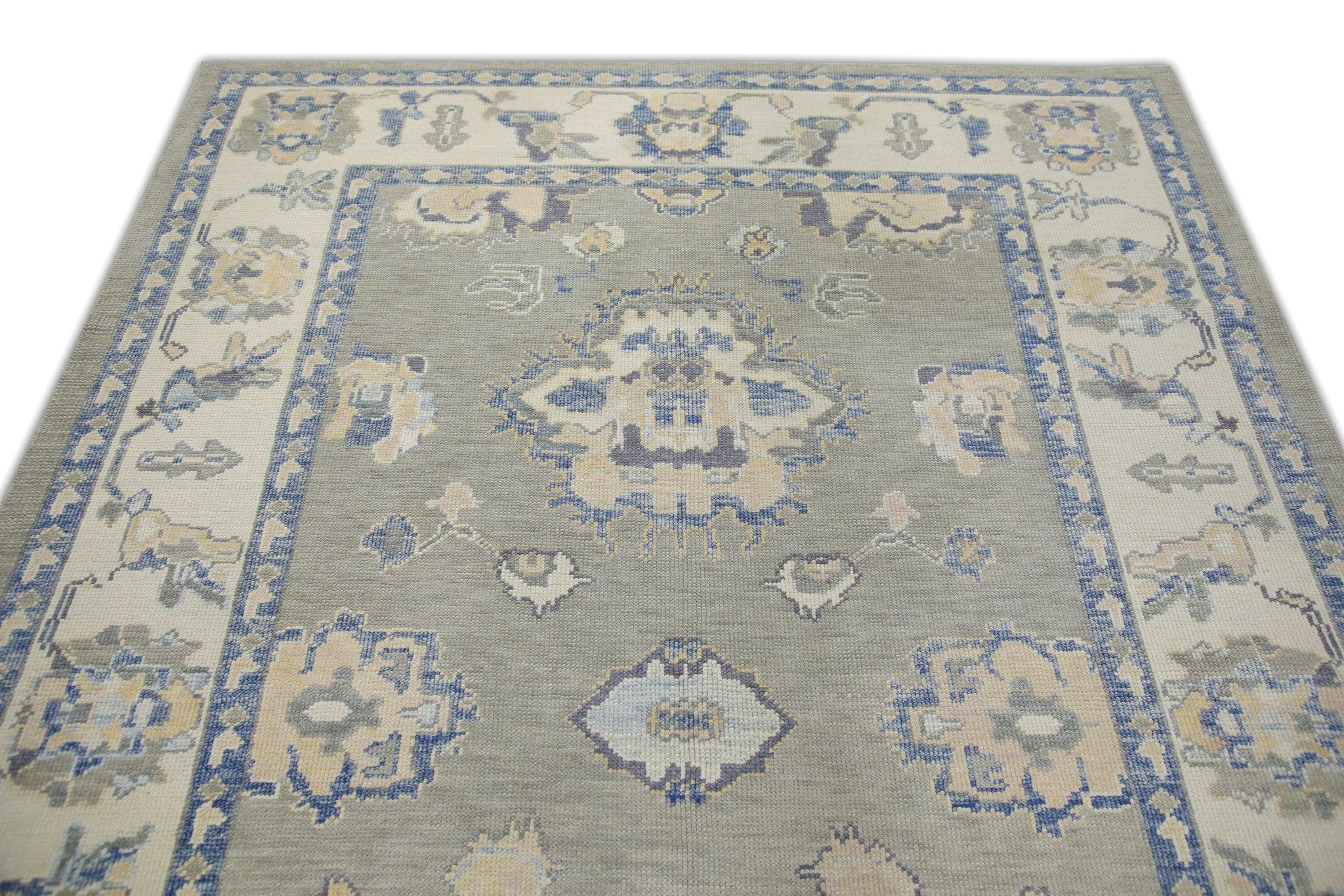 Contemporary Green and Blue Floral Handwoven Wool Turkish Oushak Rug 6' x 8'4