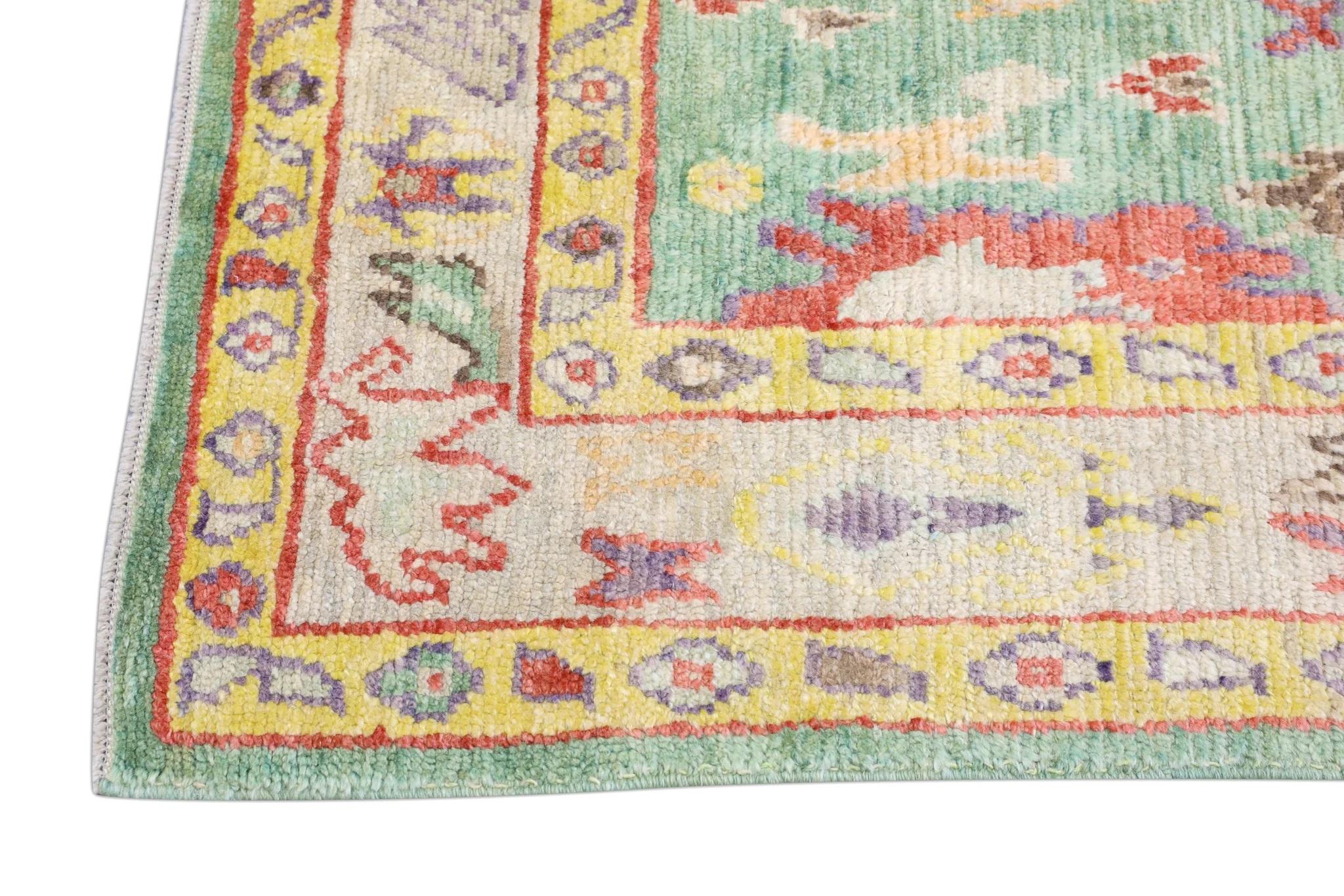 Contemporary Green Handwoven Wool Turkish Oushak Rug with Colorful Floral Pattern 5'4