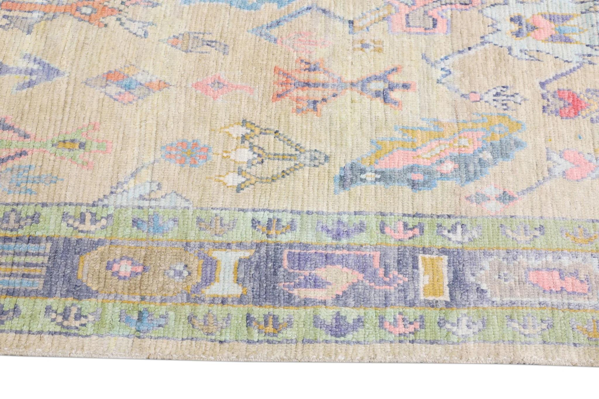 Contemporary Pale Yellow Handwoven Wool Turkish Oushak Rug w/ Colorful Floral Pattern 5'7x 7' For Sale