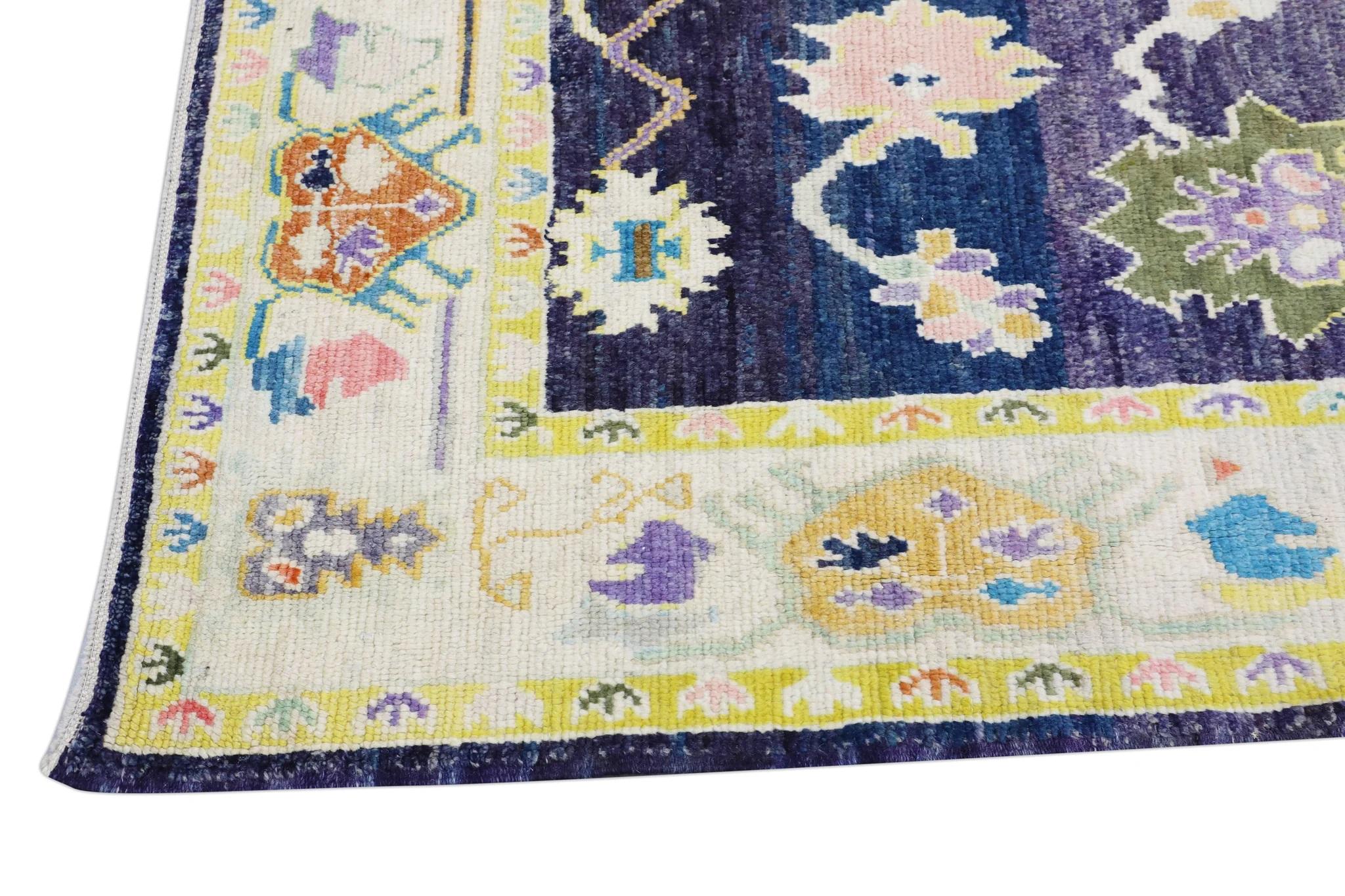 Contemporary Handwoven Wool Turkish Oushak Rug in Purple & Yellow Floral Pattern 8'3