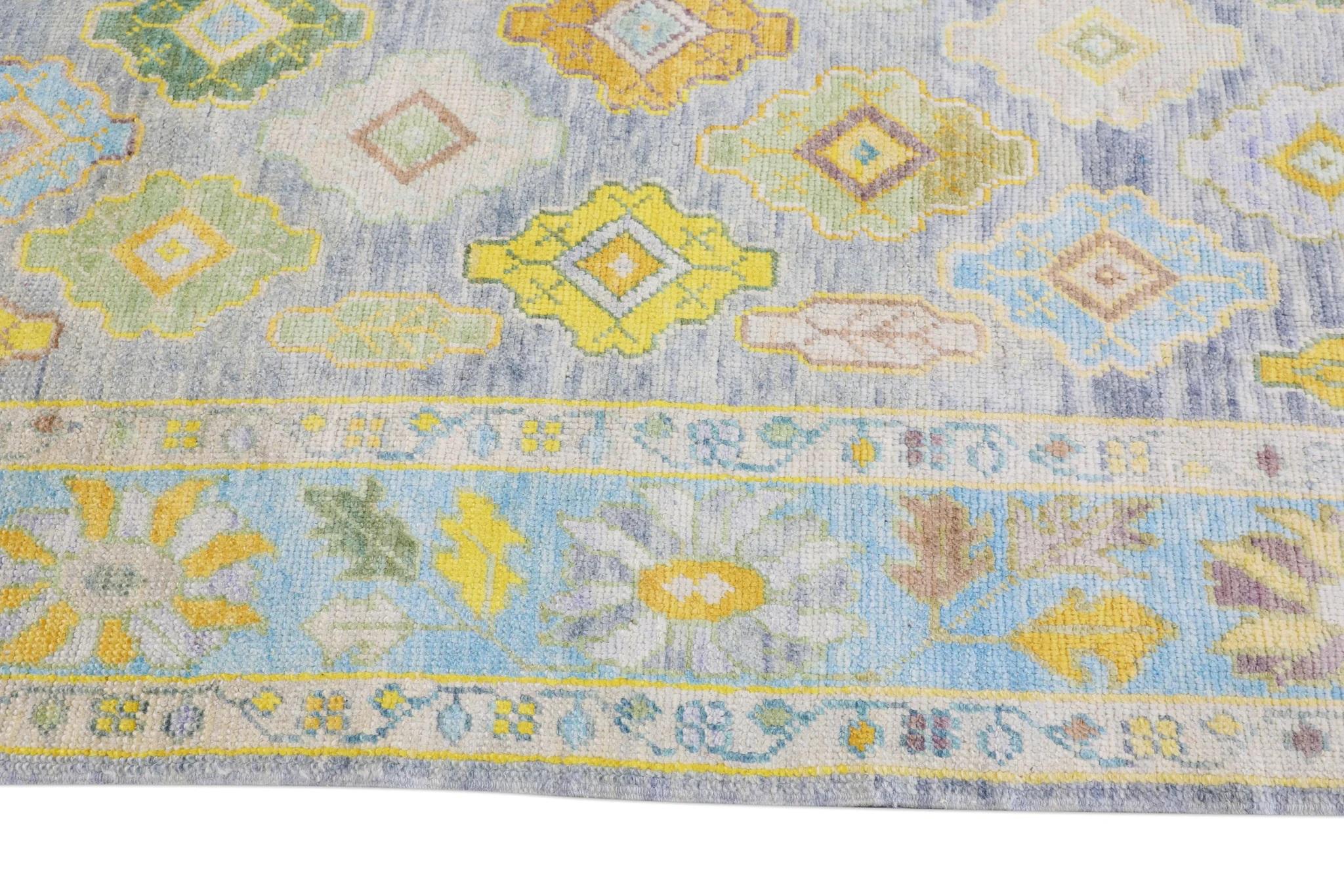 Contemporary Handwoven Wool Floral Turkish Oushak Rug in Blue, Green, and Yellow 8'1