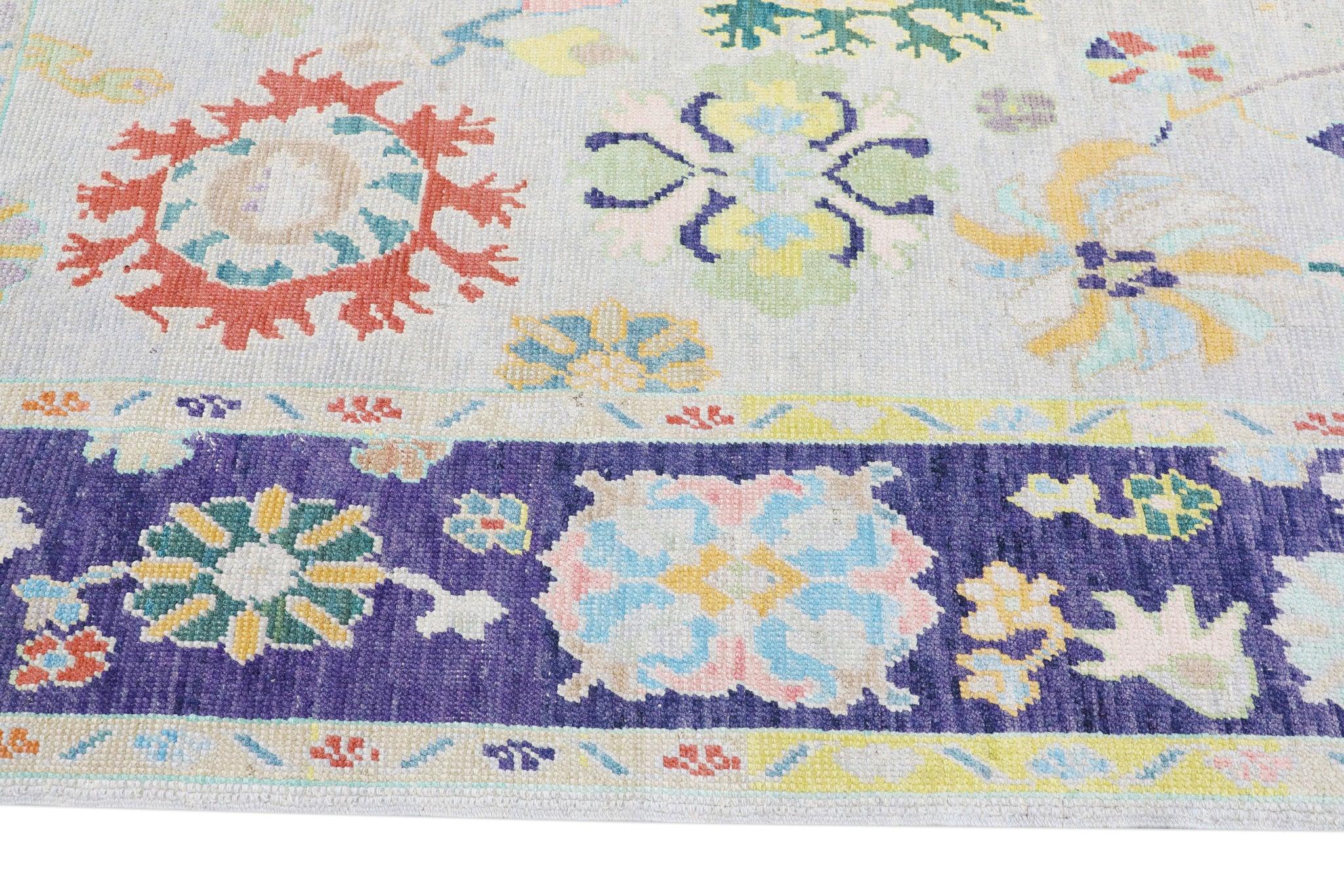 Contemporary Colorful Purple Floral Handwoven Wool Turkish Oushak Rug 8'5