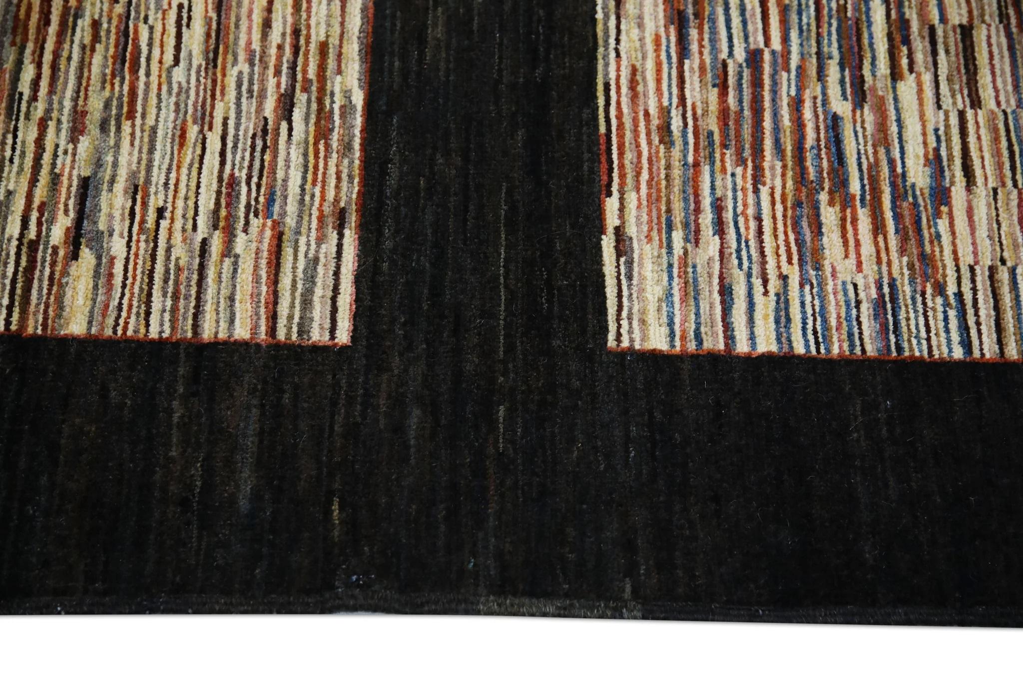 Alfombra Oushak Turca de Lana Tejida a Mano Marrón Oscuro con Diseño de Rayas de Colores 3'3 x 4'9 en Nuevo estado para la venta en Houston, TX