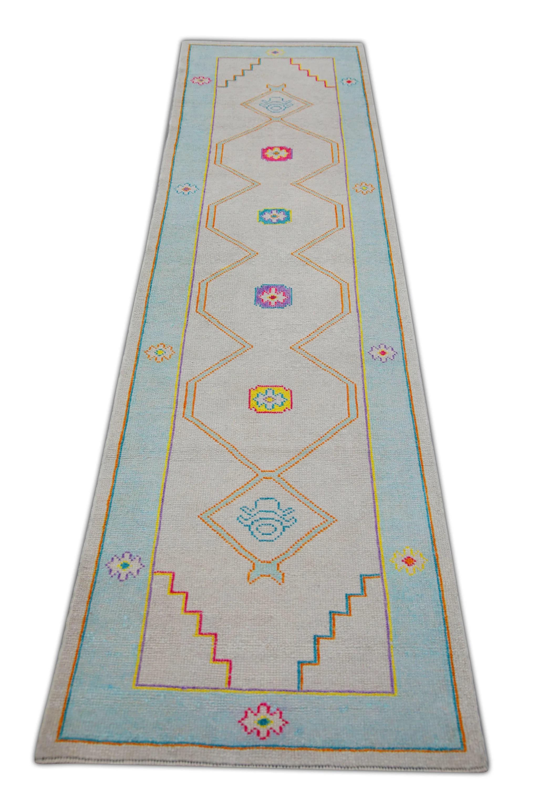 Contemporary Handwoven Wool Turkish Oushak Rug w/ Bright Colorful Geometric Patterns 2'7x9'10 For Sale