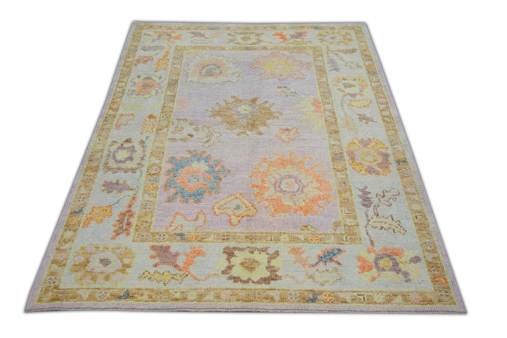 Contemporary Purple Handwoven Wool Floral Turkish Oushak Rug 4'2