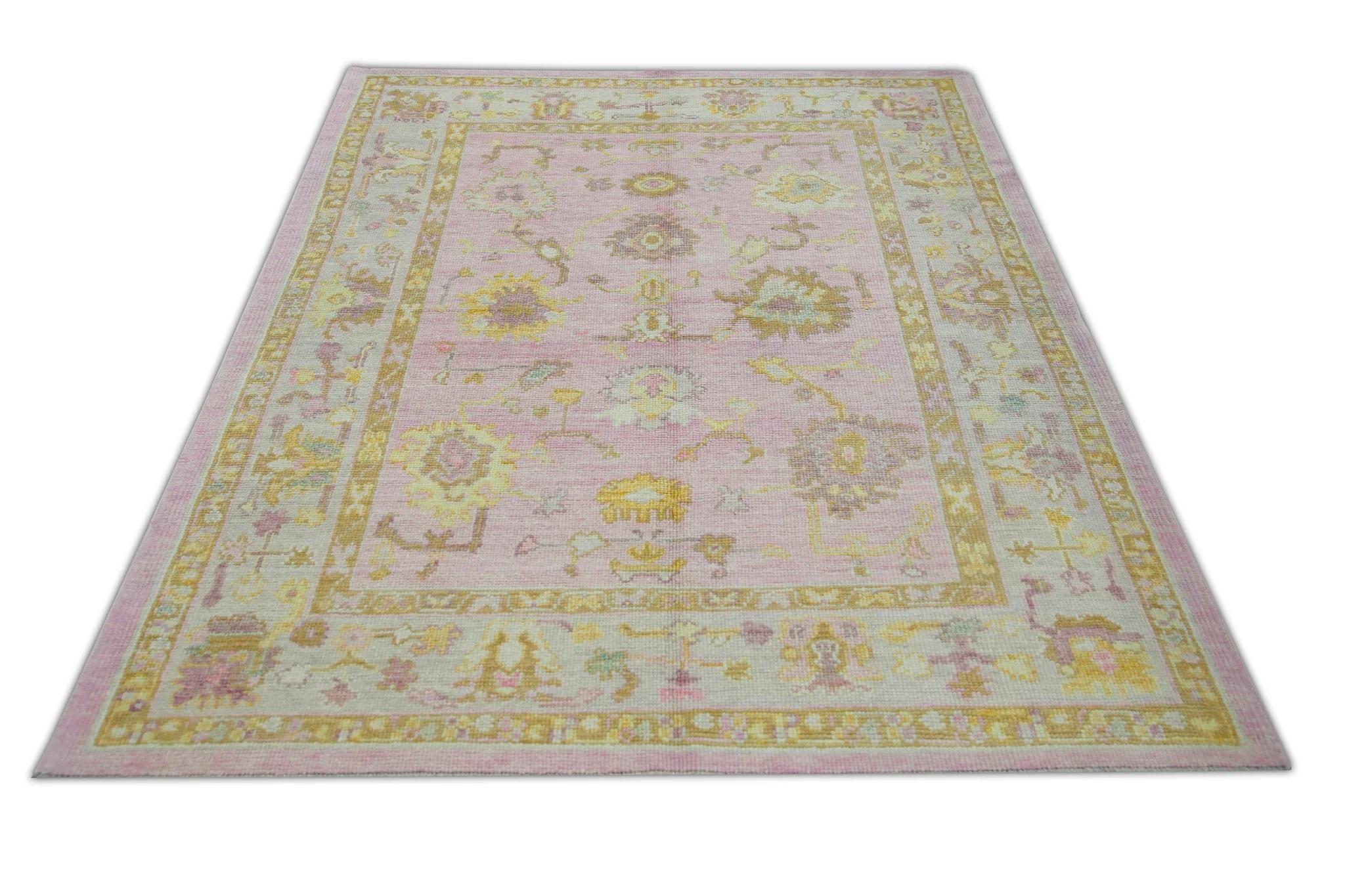Contemporary Floral Handwoven Wool Turkish Oushak Rug in Soft Pink and Yellow 5'3