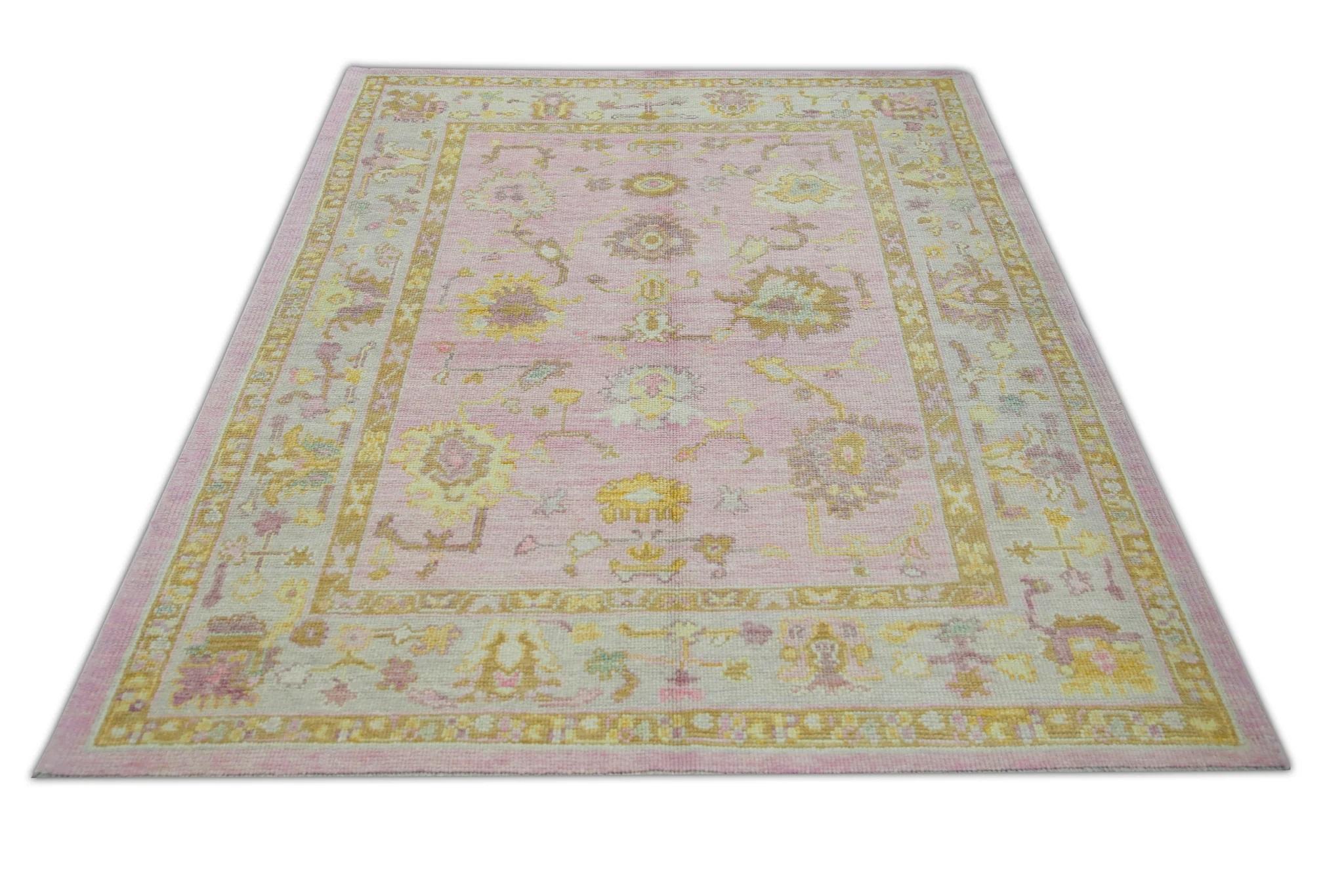 Contemporary Floral Handwoven Wool Turkish Oushak Rug in Soft Pink and Yellow 5'3