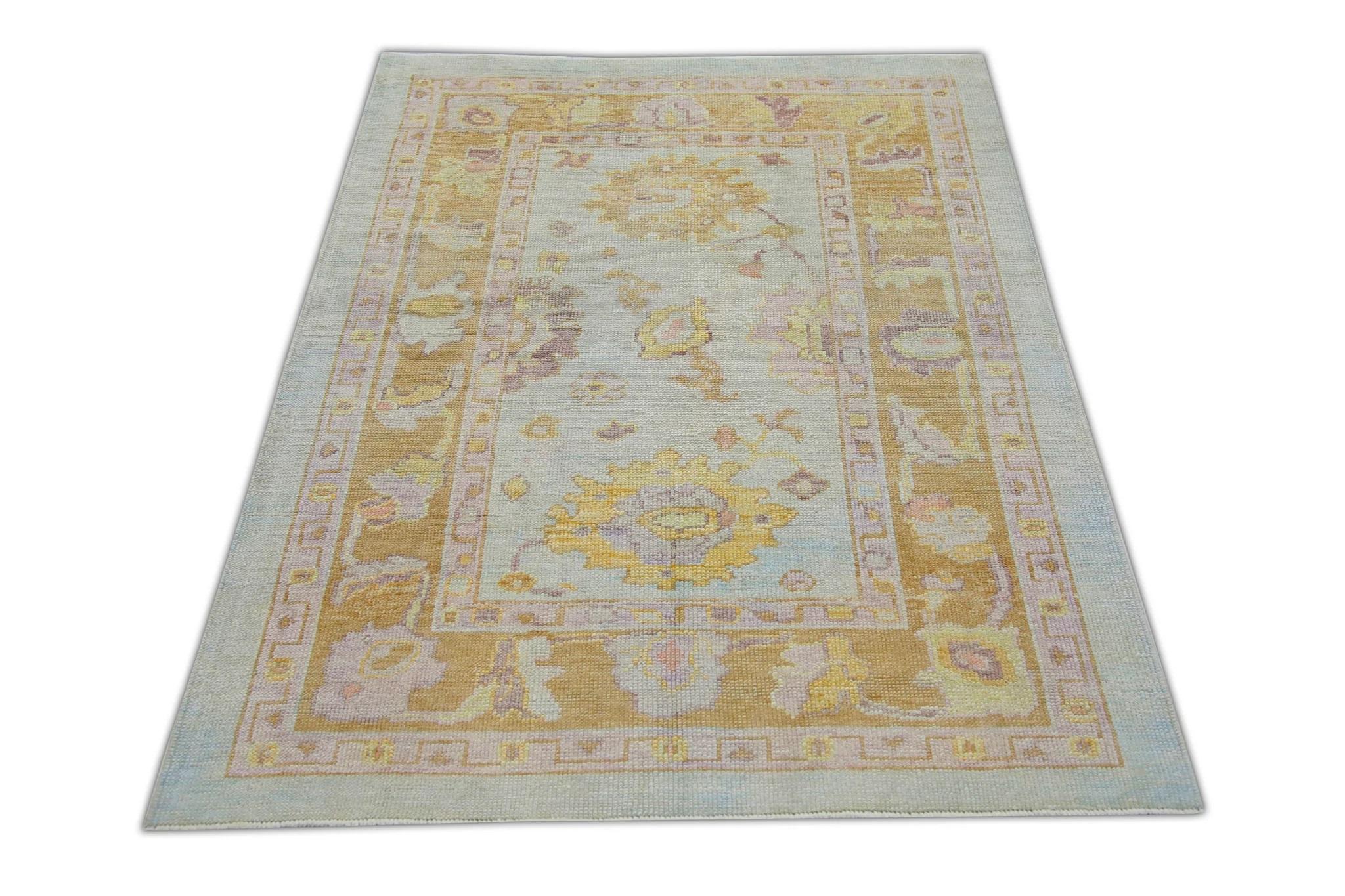 Contemporary Baby Blue Floral Handwoven Wool Turkish Oushak Rug 4'1