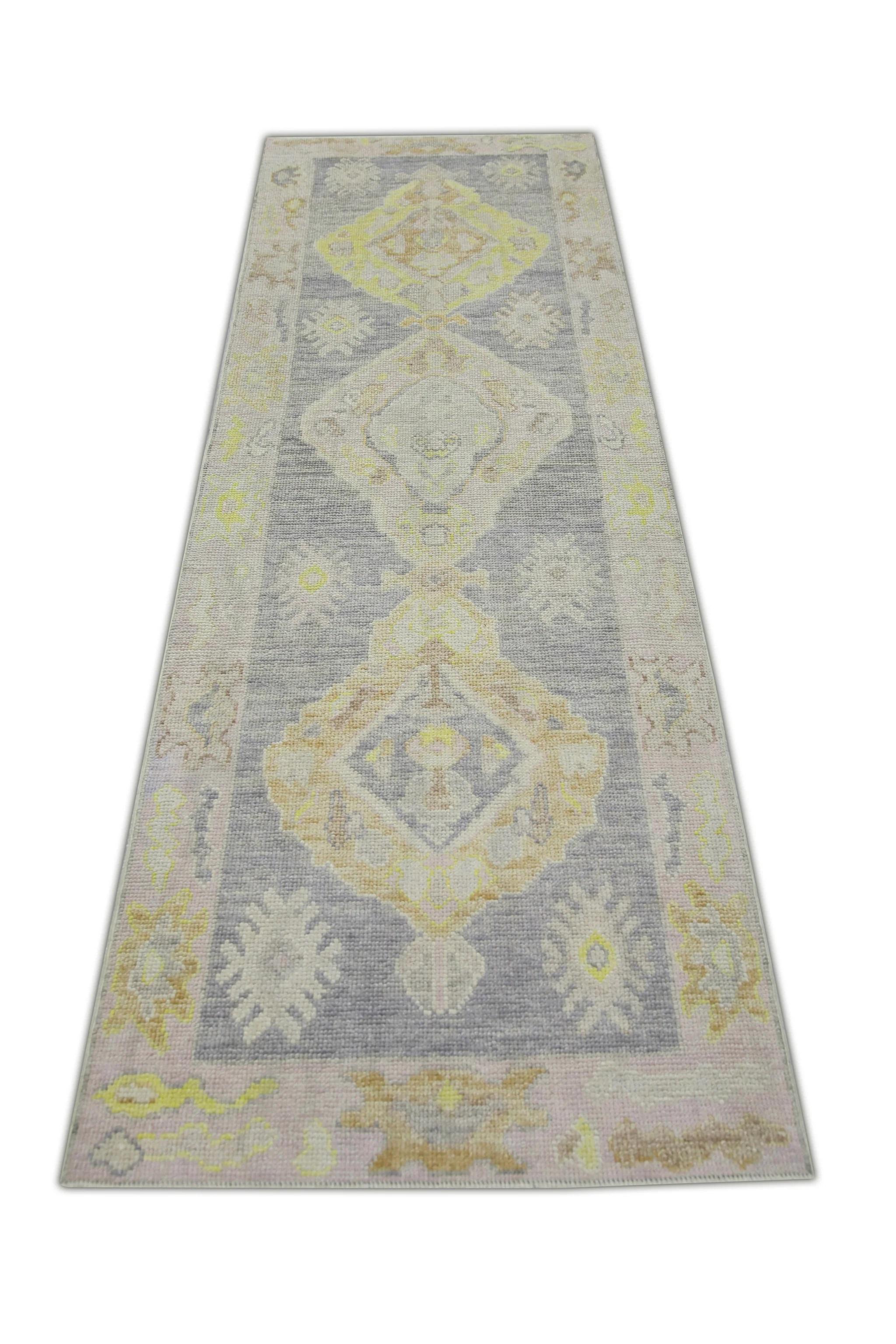 Contemporary Purple and Yellow Floral Handwoven Wool Turkish Oushak Rug 2'9