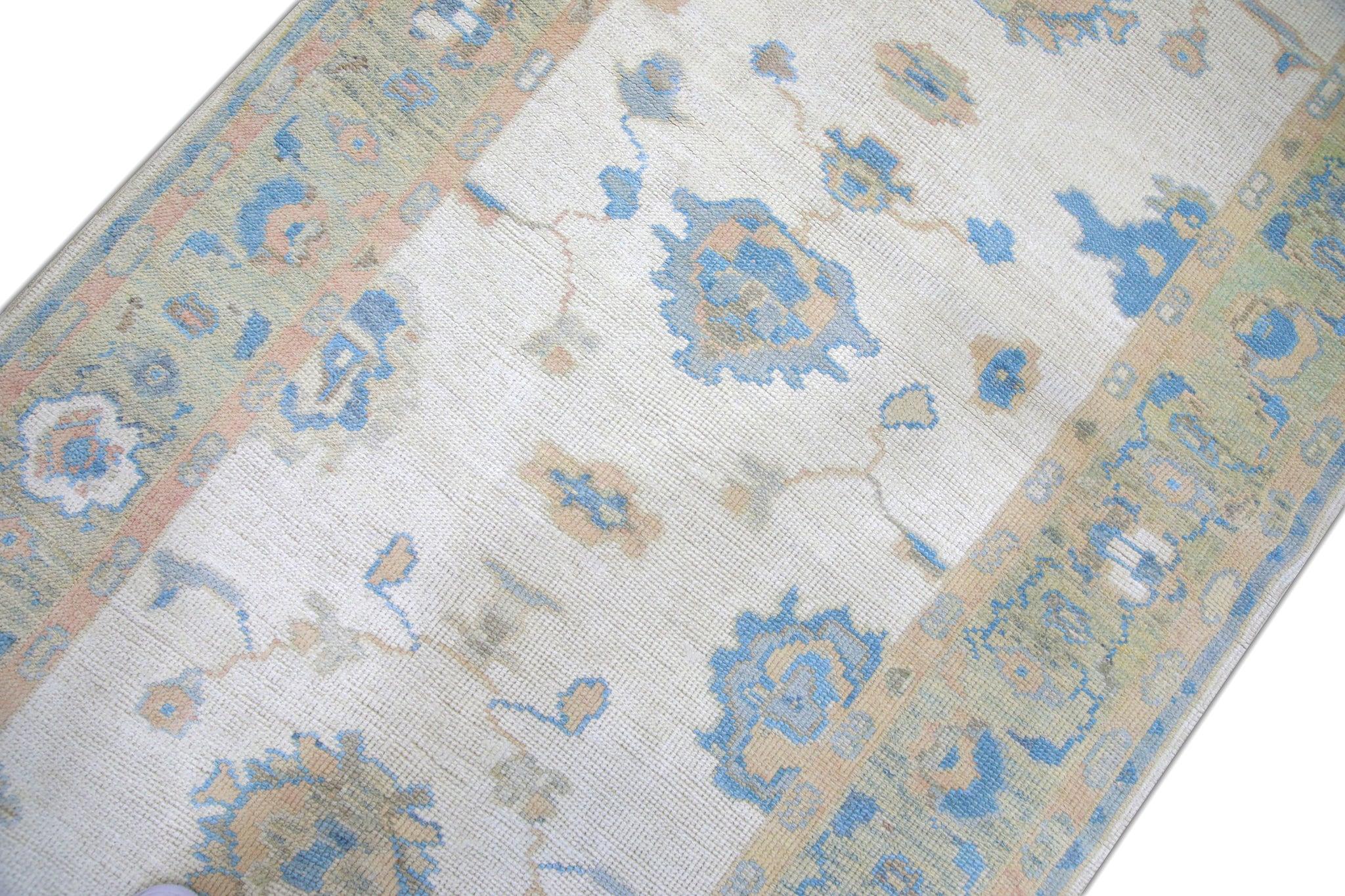 Contemporary Floral Handwoven Wool Turkish Oushak Rug in Green and Blue 3'9