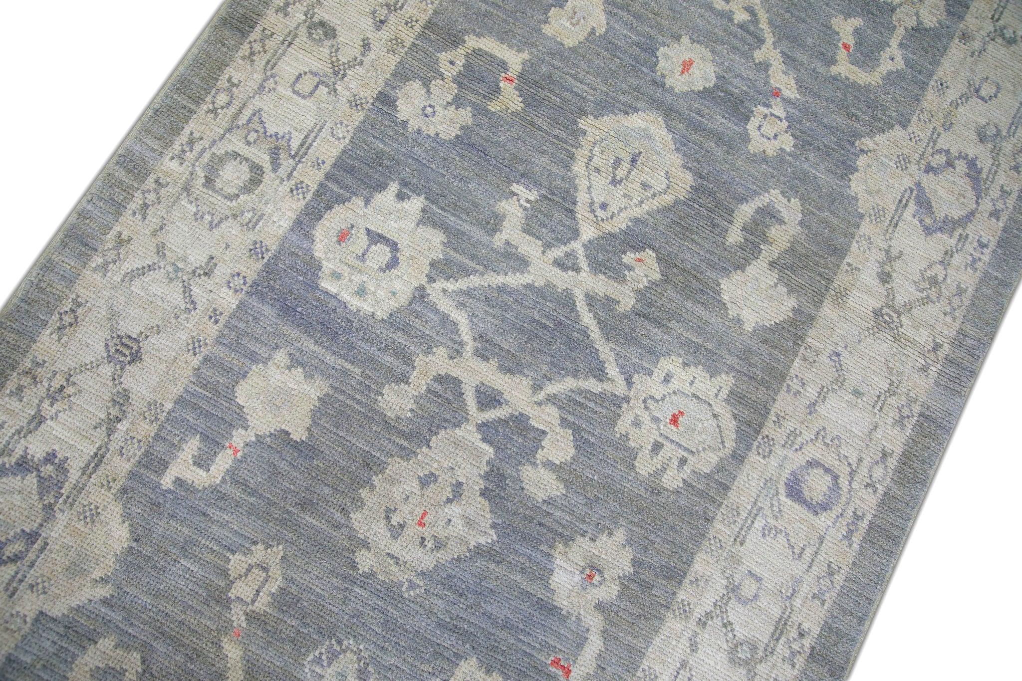 Contemporary Blue Floral Handwoven Wool Turkish Oushak Rug 3'10