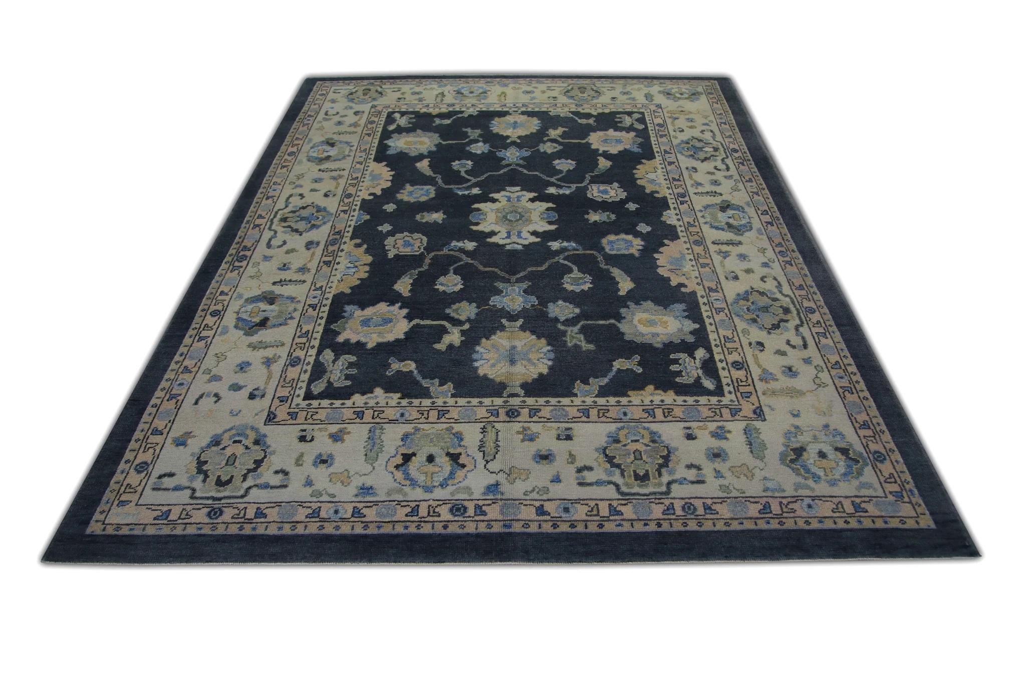 Contemporary Handwoven Wool Floral Turkish Oushak Rug in Dark Blue 8'4