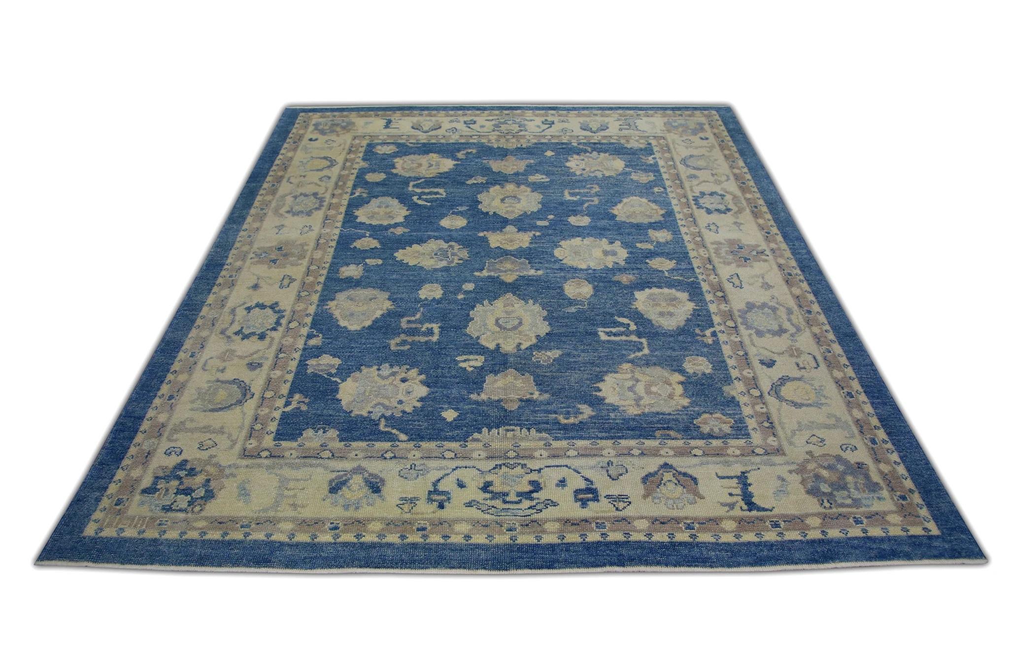 Contemporary Floral Handwoven Wool Turkish Oushak Rug in Blue and Cream 8'9