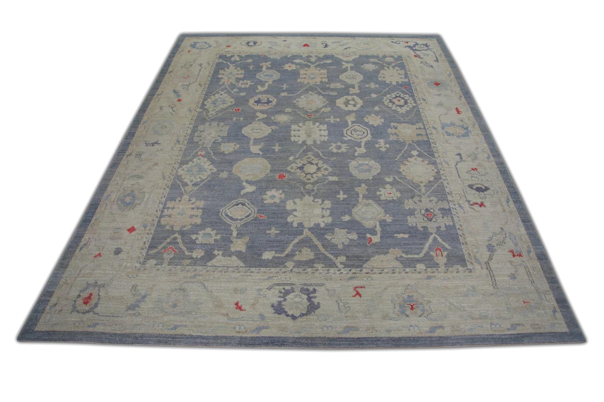 Contemporary Handwoven Wool Floral Turkish Oushak Rug in Blue, Red, and Cream 8'4