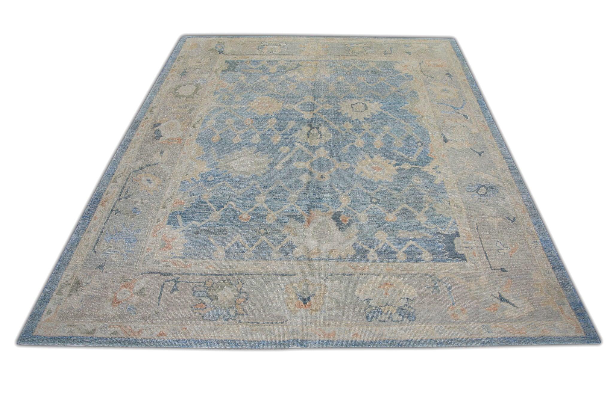 Contemporary Blue Floral Pattern Handwoven Wool Turkish Oushak Rug 8'7