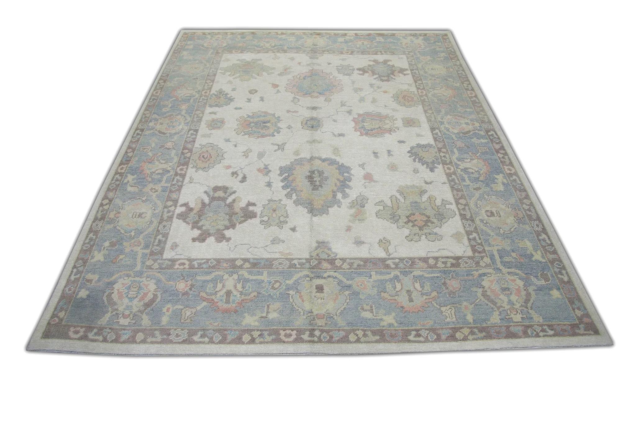 Contemporary Handwoven Wool Turkish Oushak Rug in Blue Floral Pattern 8'5