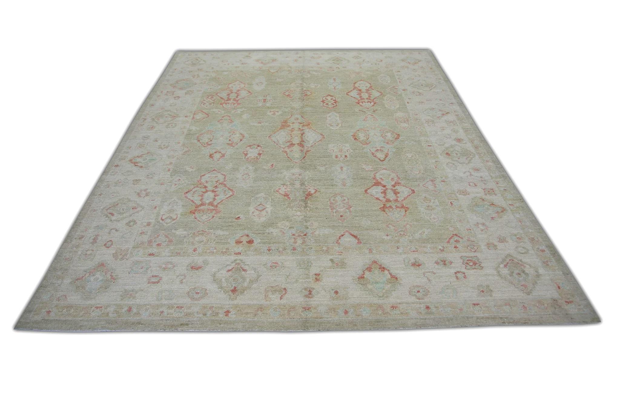 Contemporary Green and Red Floral Design Handwoven Wool Turkish Oushak Rug 8' x 9'11