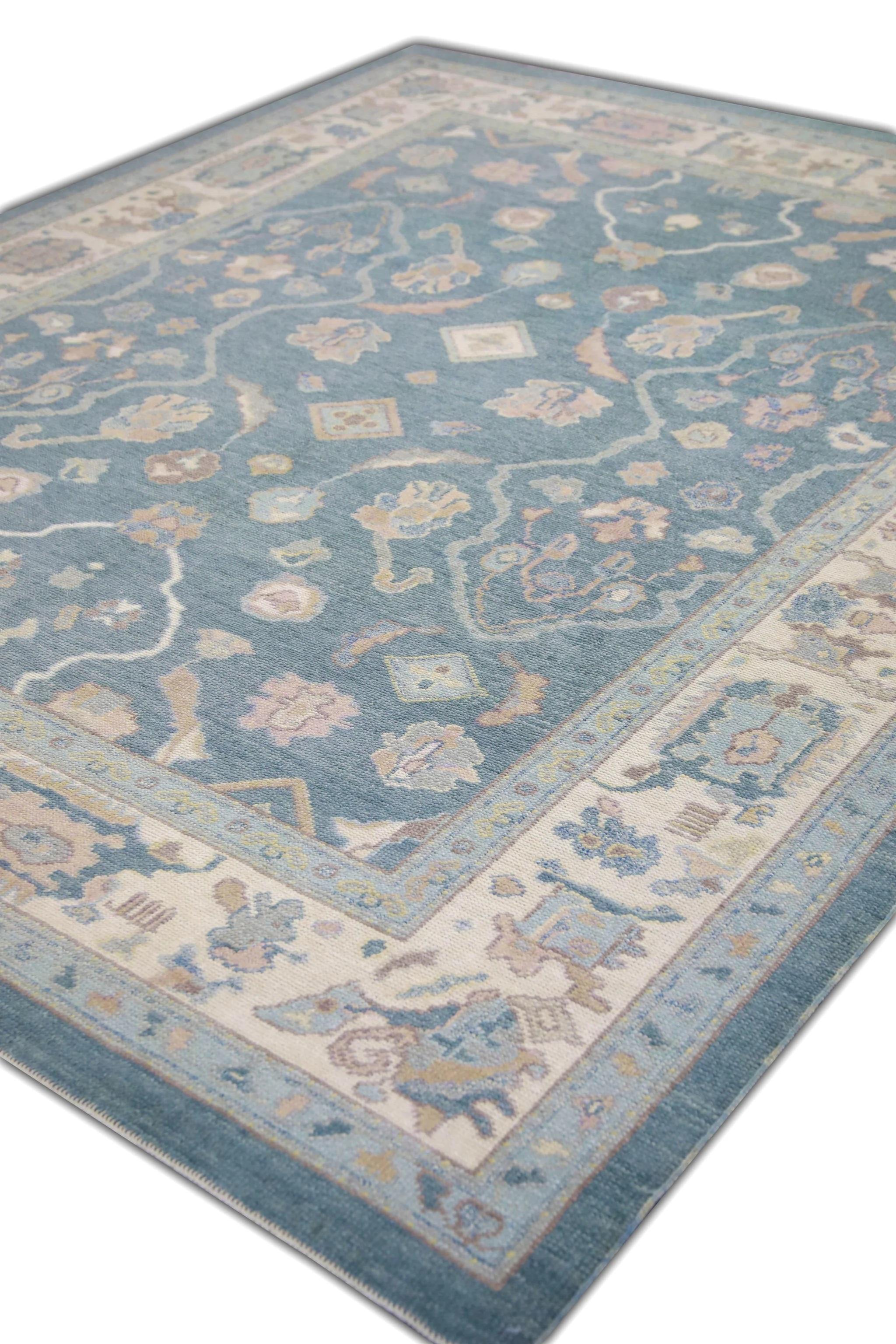 Tappeto Oushak turco floreale in lana intrecciata a mano in blu e rosa 8'2
