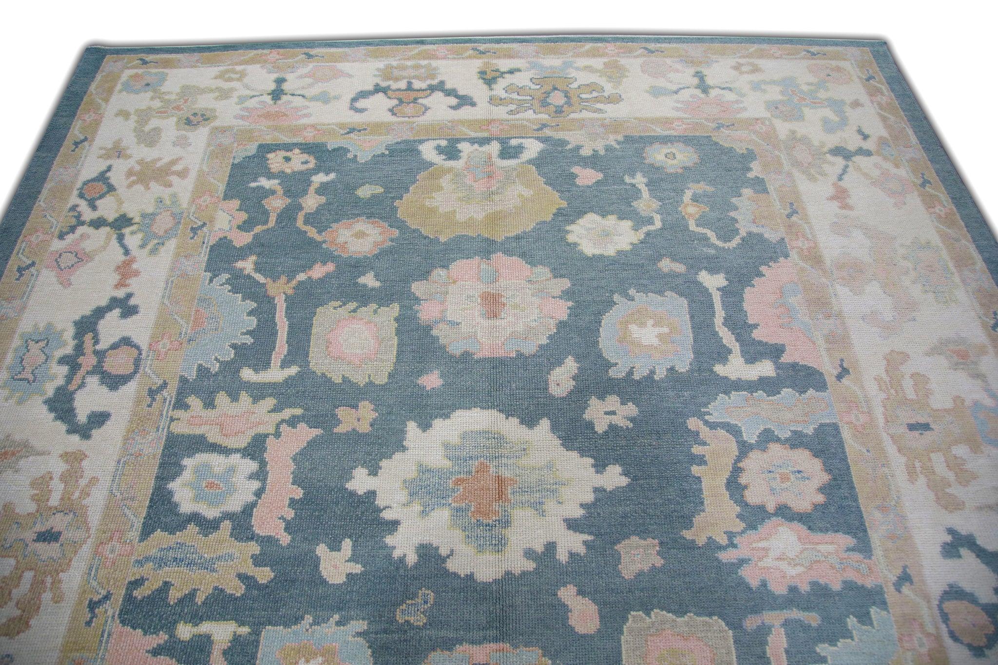 Contemporary Blue and Pink Handwoven Wool Floral Pattern Turkish Oushak Rug 8'7