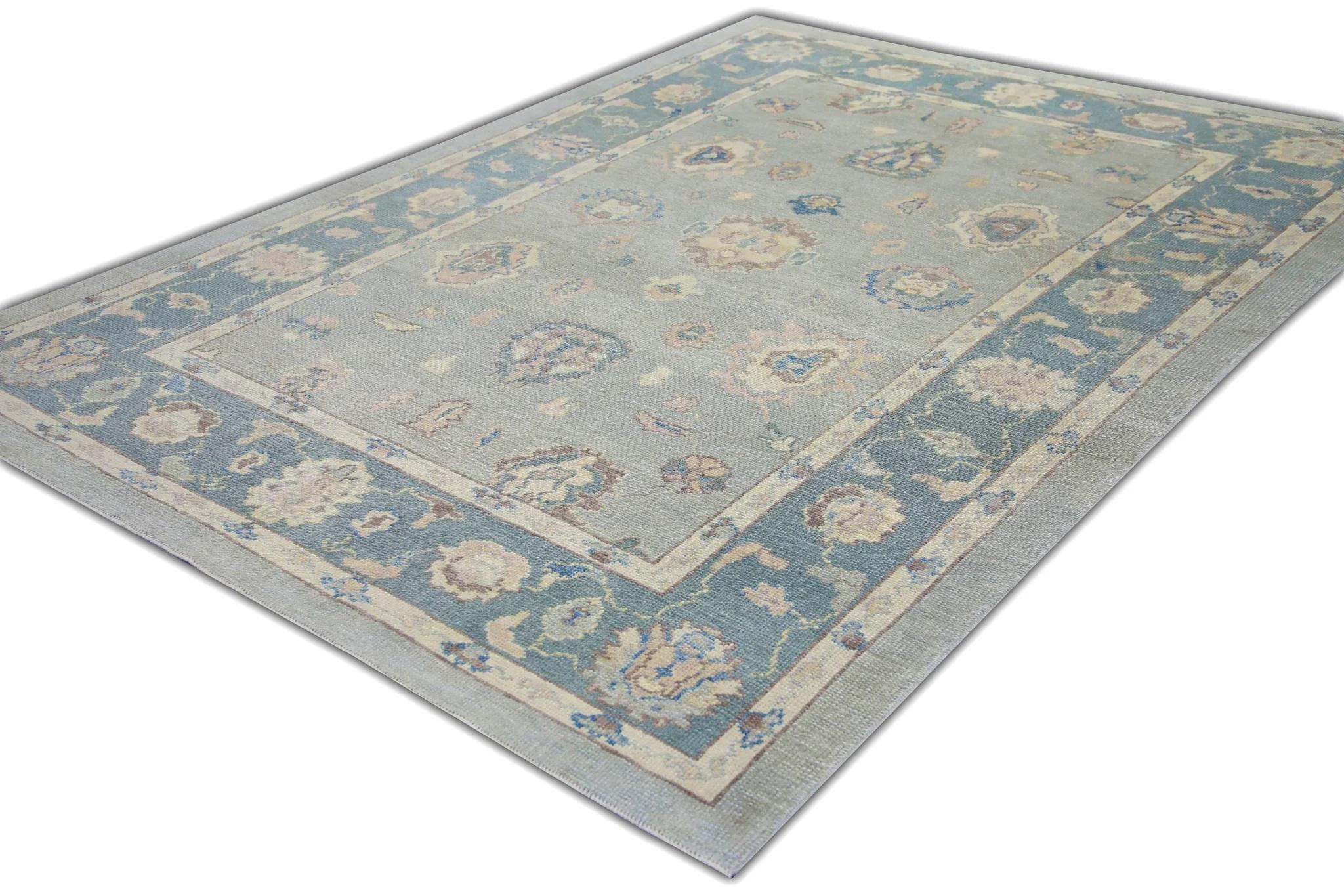 Türkischer Oushak-Teppich aus handgewebter Wolle in Blau mit Blumenmuster, 6'6