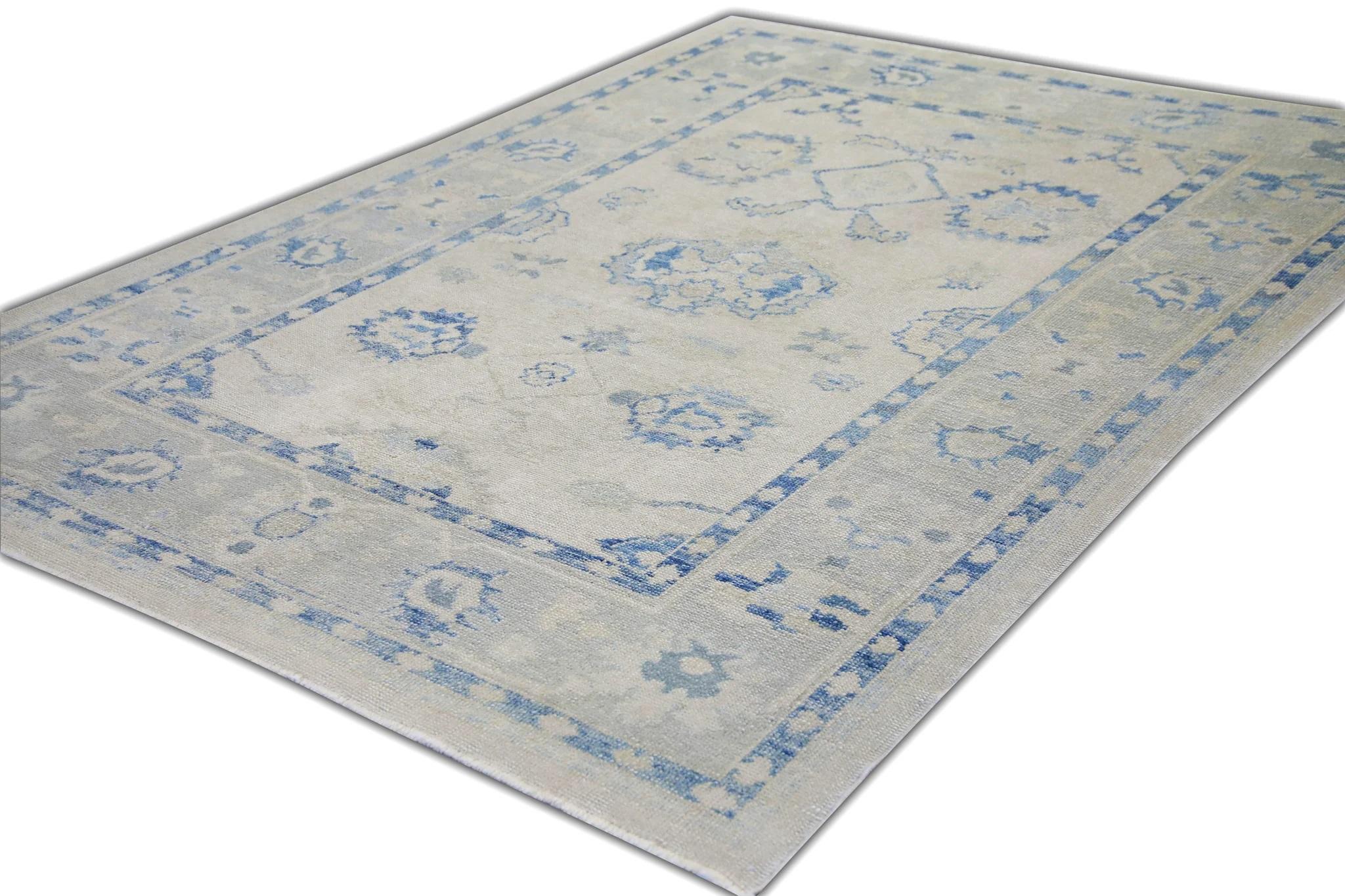 Contemporary Floral Handwoven Wool Turkish Oushak Rug in Cream and Blue 6'2