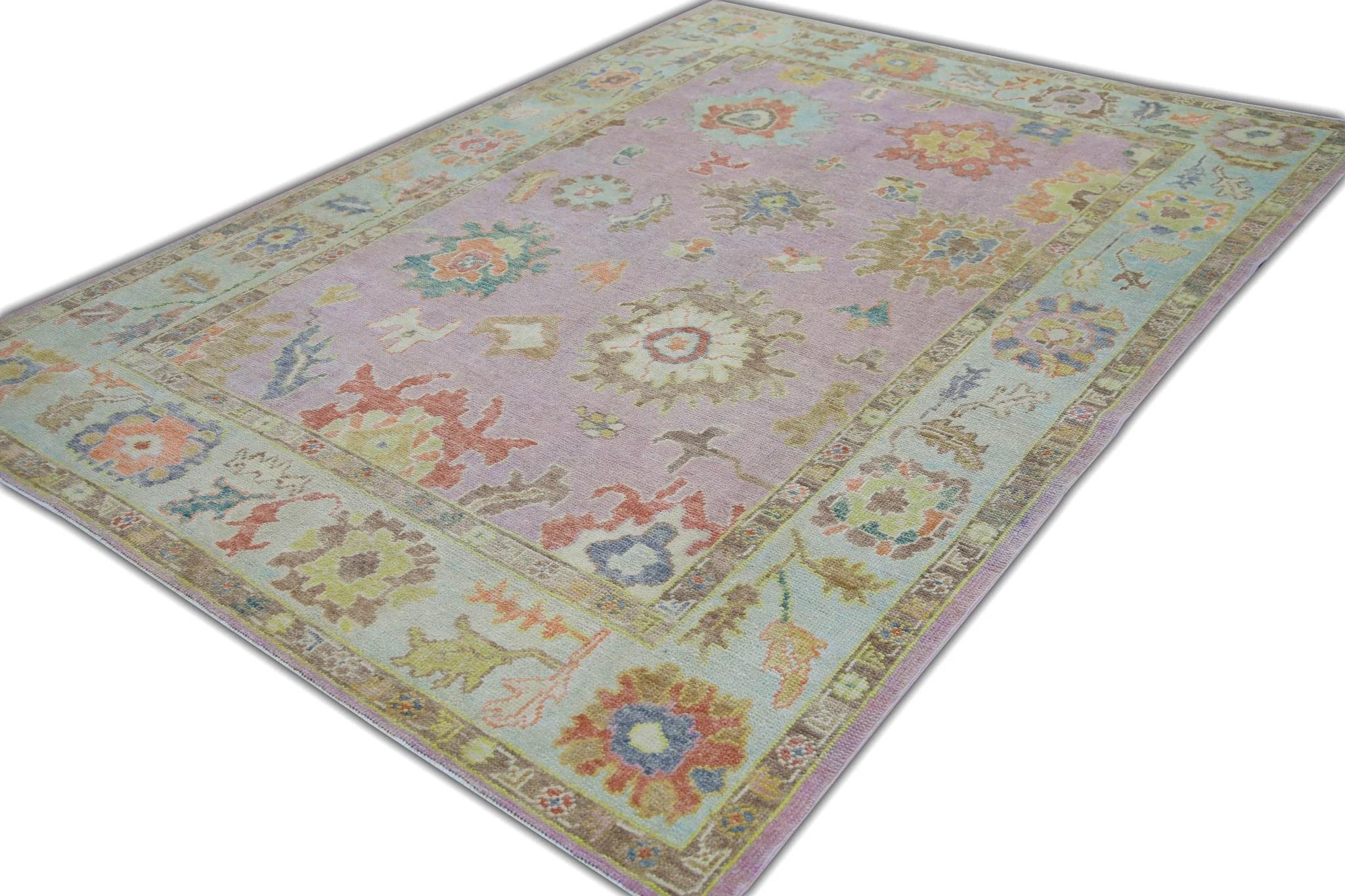 Contemporary Pink Colorful Floral Handwoven Wool Turkish Oushak Rug 6'3