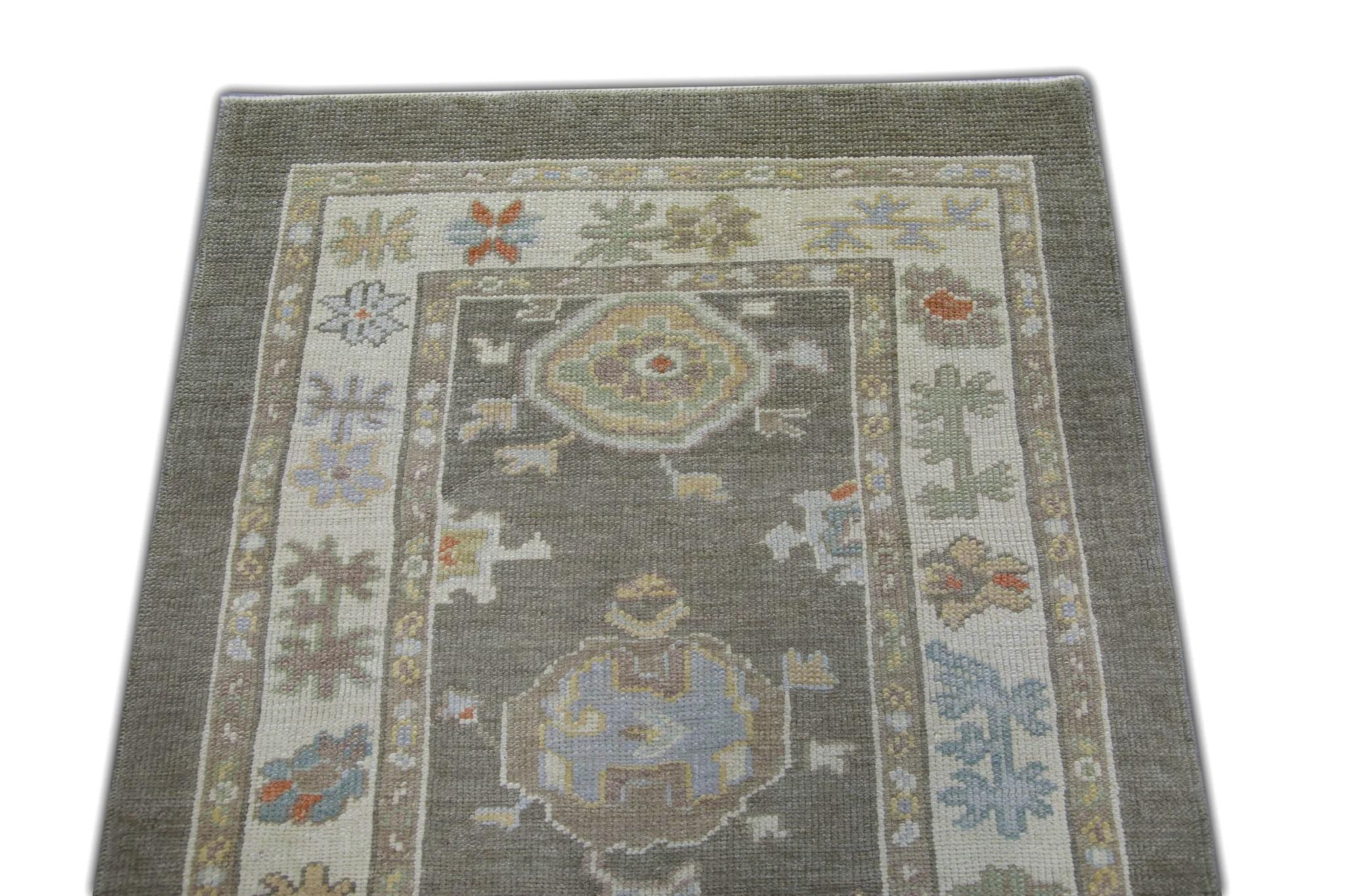 Contemporary Floral Handwoven Wool Turkish Oushak Rug 3'2