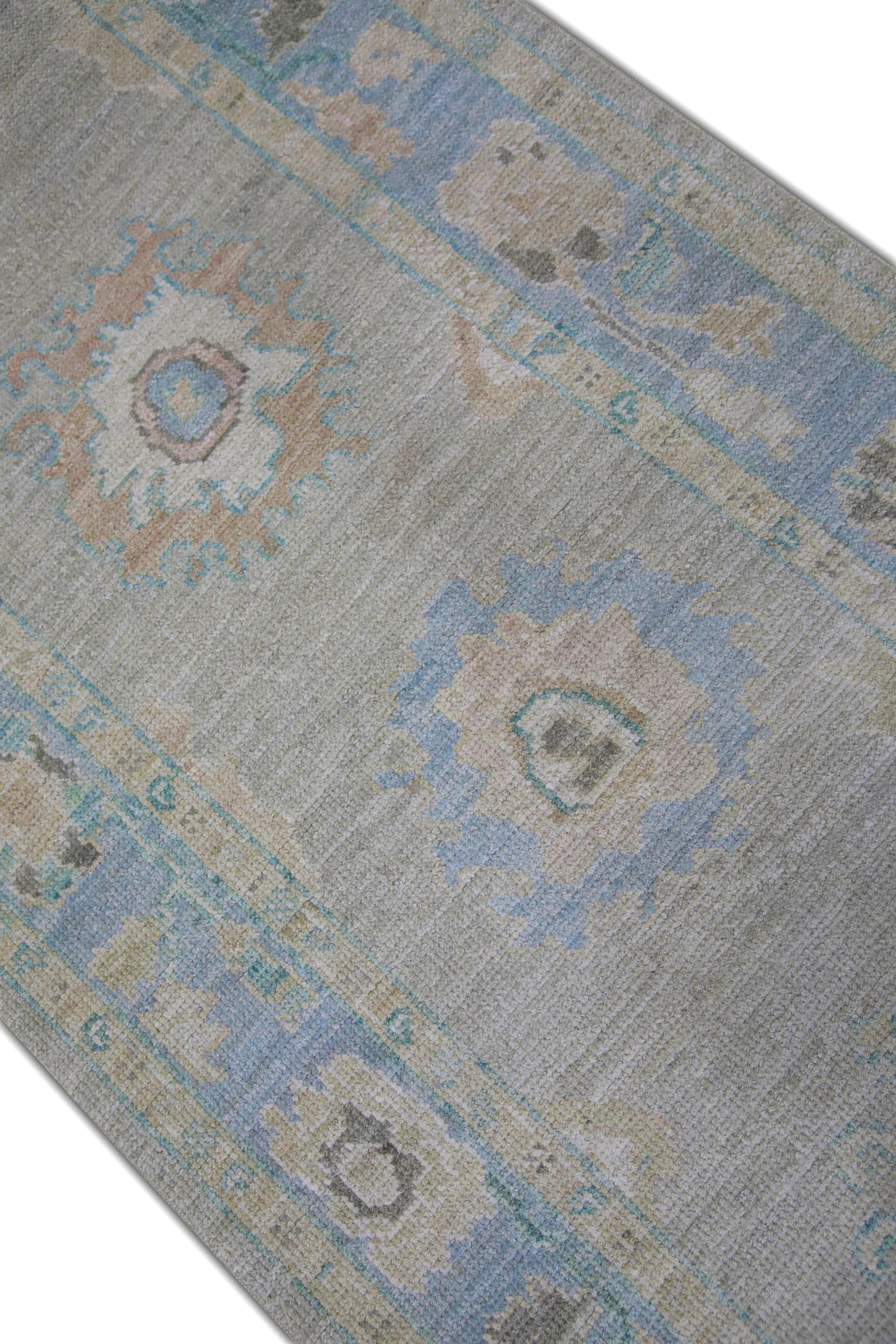 Contemporary Blue w/ Multicolor Floral Design Handwoven Wool Turkish Oushak Rug 3' x 10'3