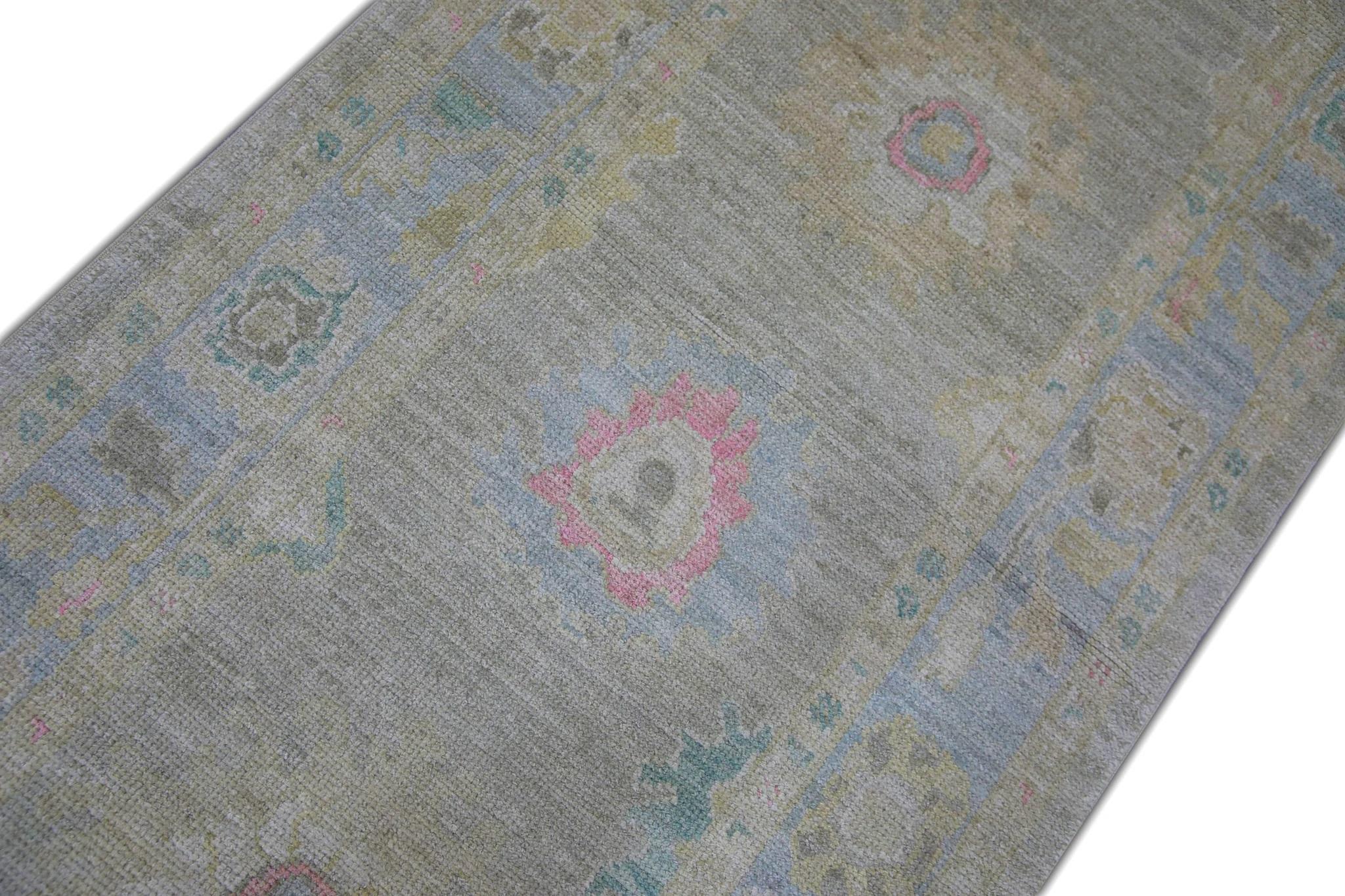 Contemporary Blue Floral Handwoven Wool Turkish Oushak Rug 3' x 10'4