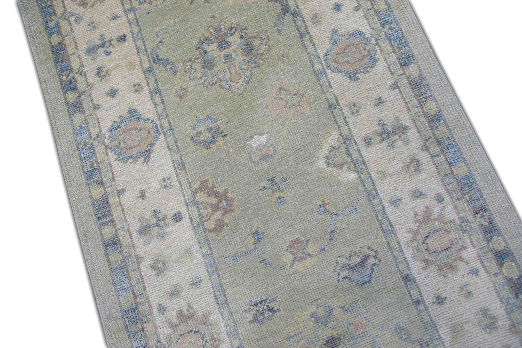 Contemporary Floral Handwoven Wool Turkish Oushak Rug in Celadon Green 3'2