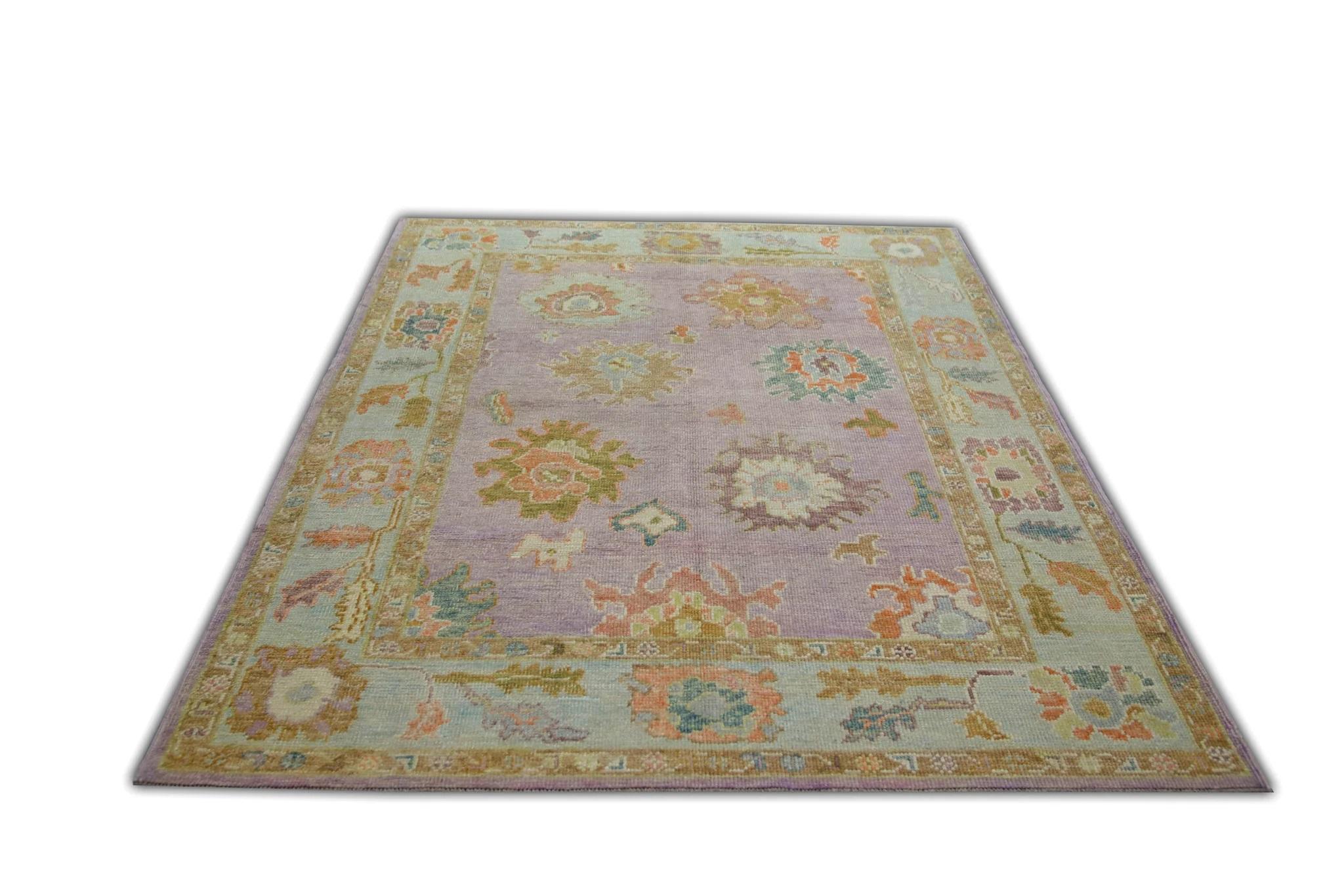 Contemporary Soft Purple Handwoven Wool Turkish Oushak Rug w/ Colorful Floral Design 5'1x6'8 For Sale