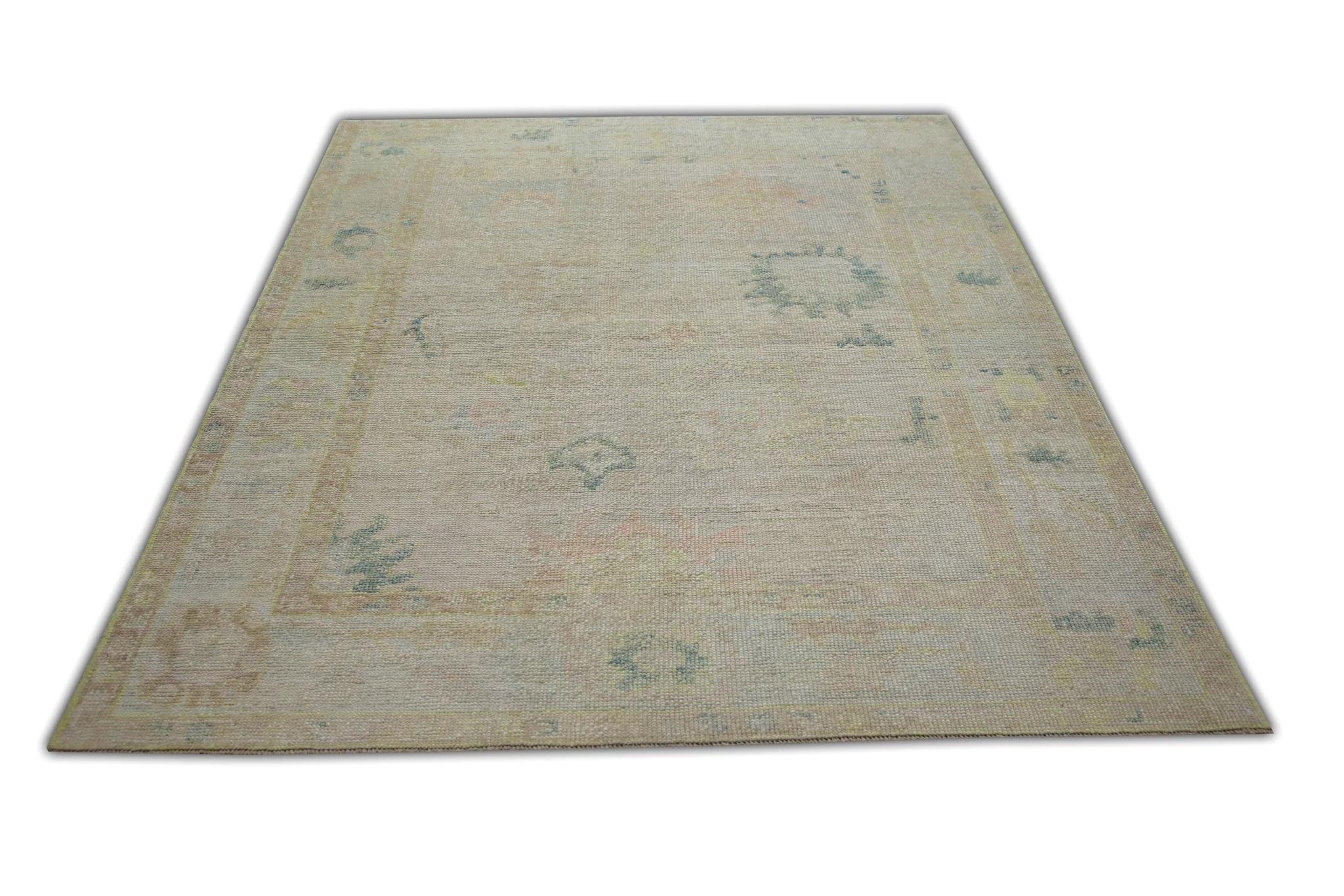 Contemporary Floral Handwoven Wool Turkish Oushak Rug in Colorful Pastel Shades 5'1