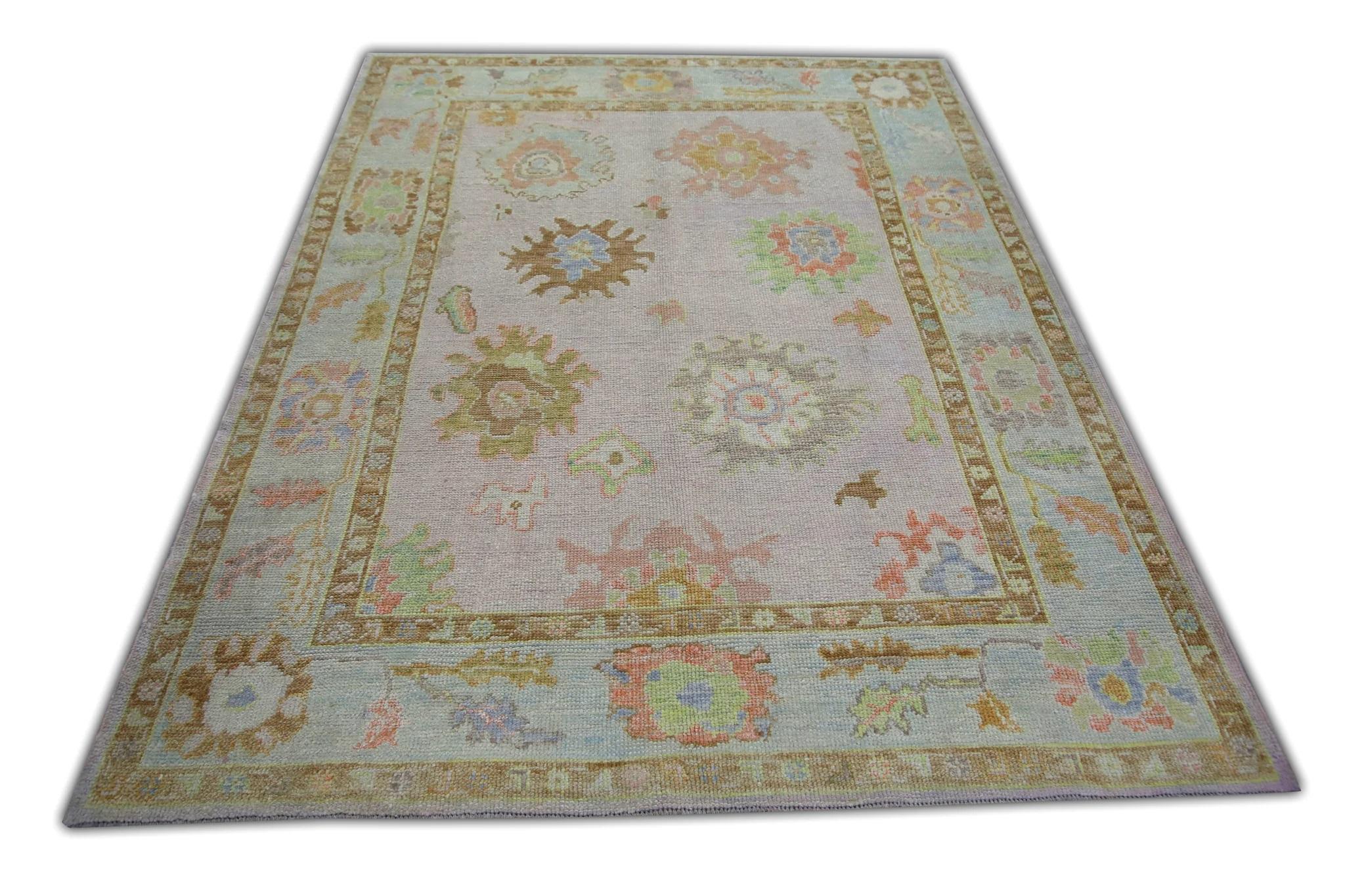 Contemporary Multicolor Floral Handwoven Wool Turkish Oushak Rug 5' x 6'8