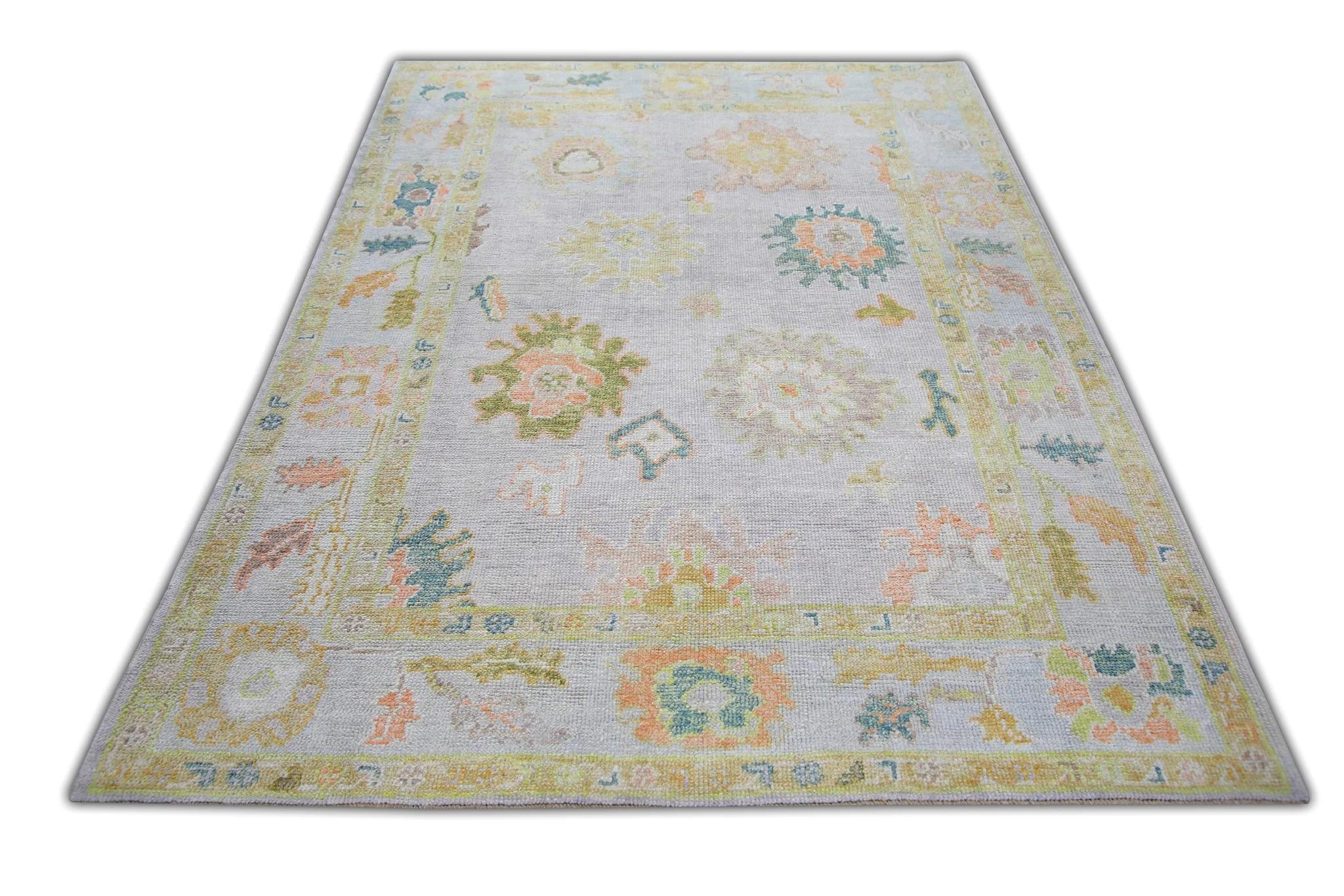 Contemporary Pastel Lilac Floral Handwoven Wool Turkish Oushak Rug 5' x 6'11