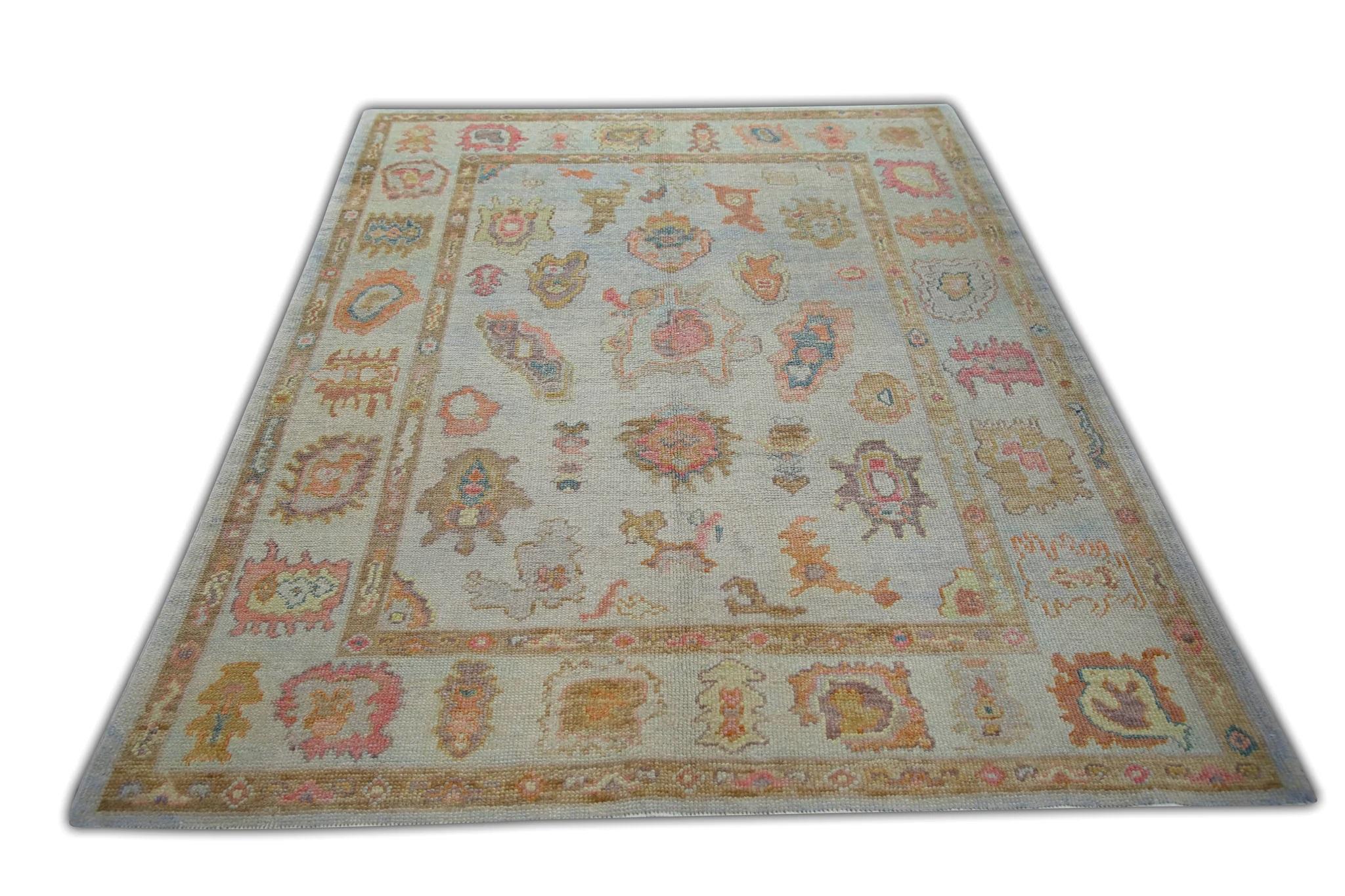 Contemporary Blue Handwoven Wool Turkish Oushak Rug with Multicolor Floral Pattern 4'11 x 6'7