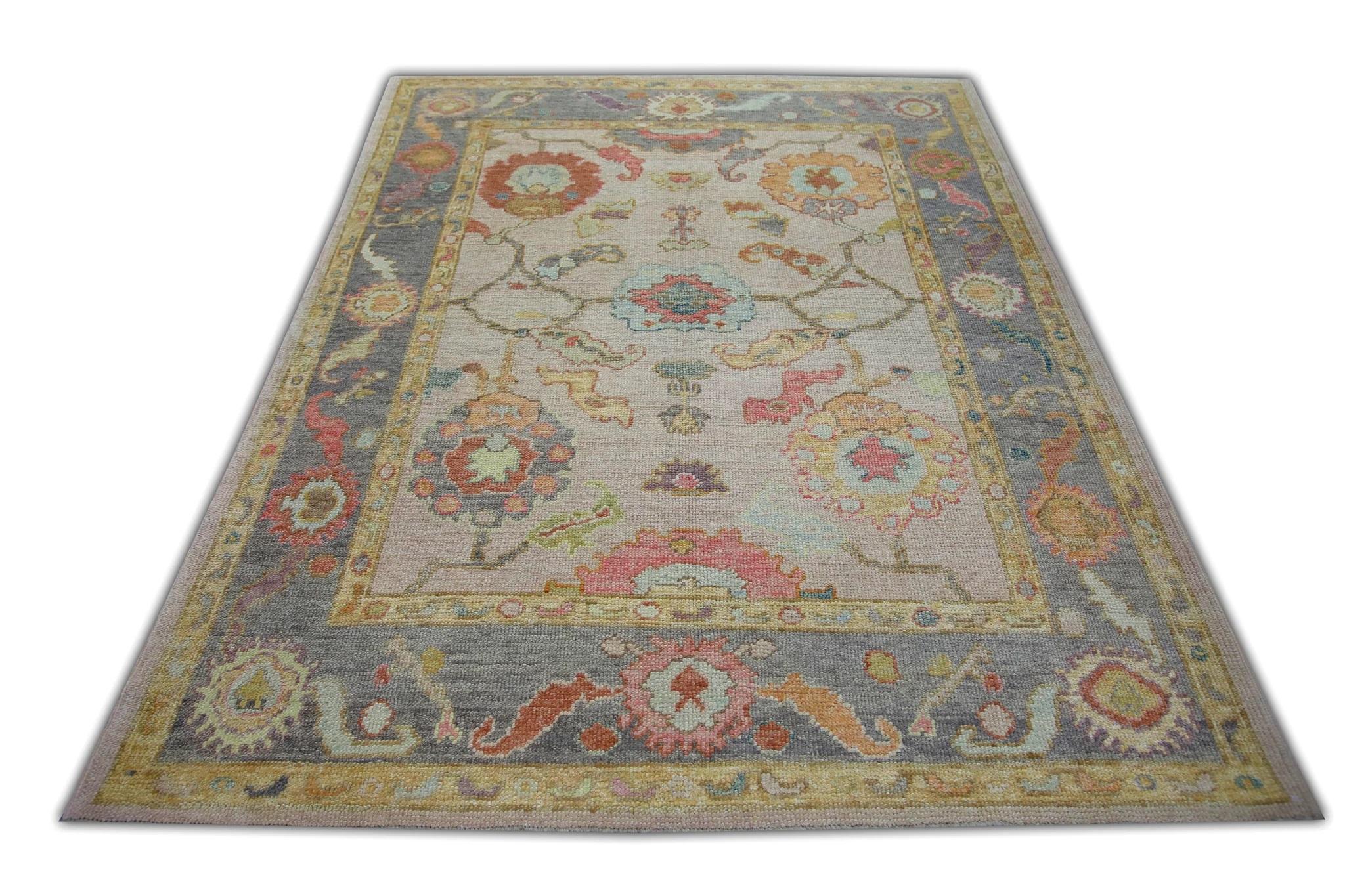 Contemporary Floral Handwoven Wool Turkish Oushak Rug in Soft Pink and Purple 5' x 6'9