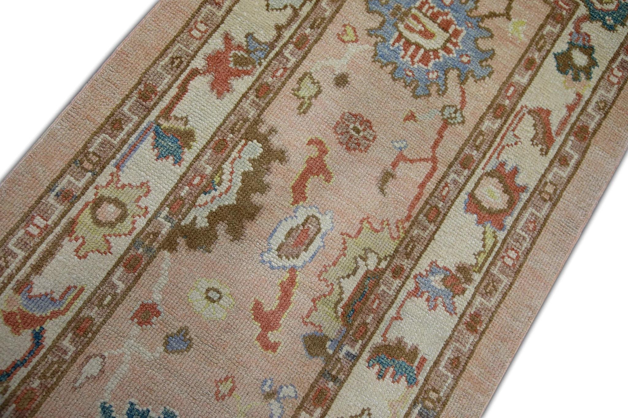 Contemporary Floral Handwoven Wool Turkish Oushak Rug in Soft Pastel Pink 2'10