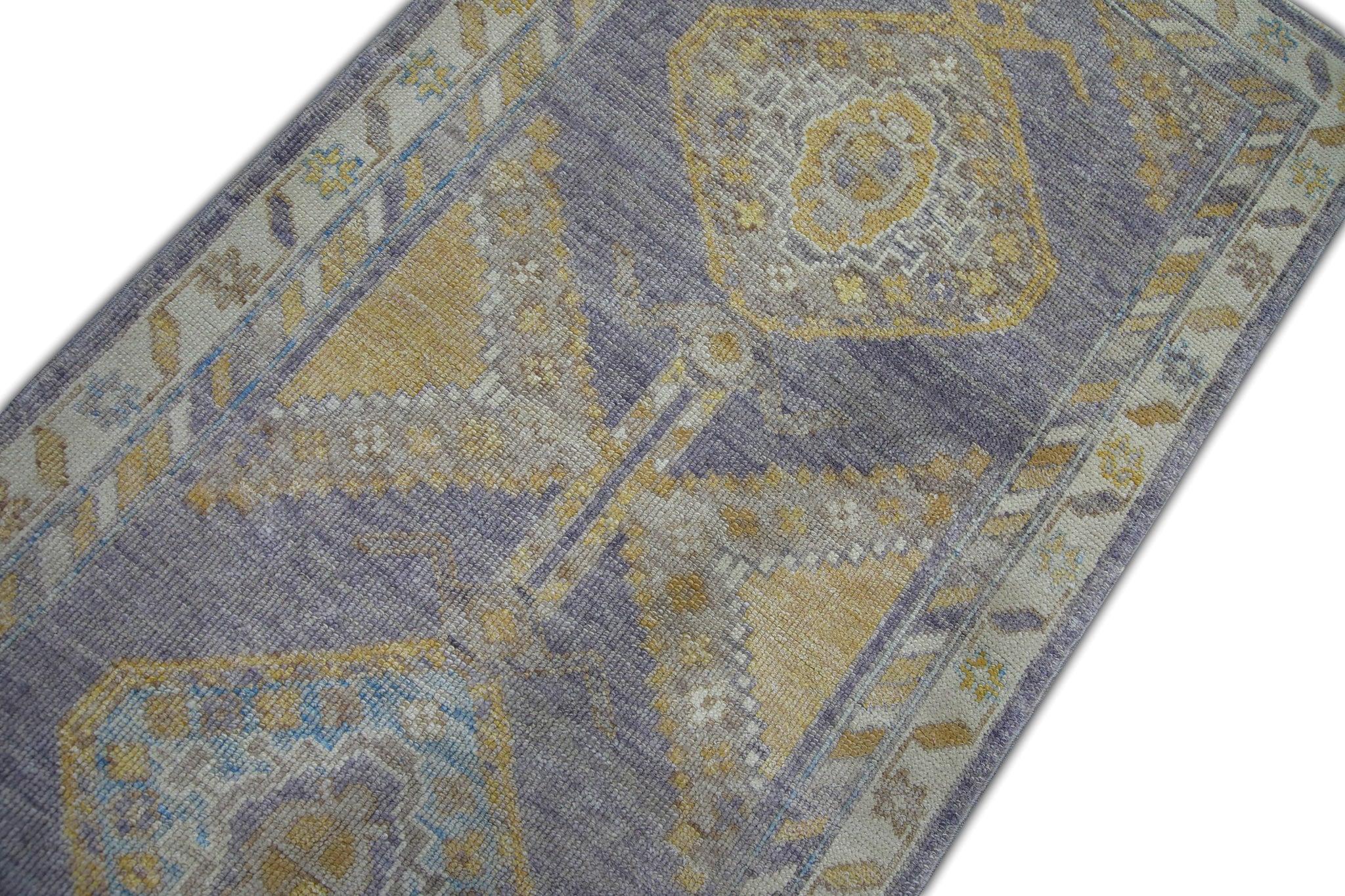 Contemporary Purple Geometric Medallion Handwoven Wool Turkish Oushak Rug 3'1