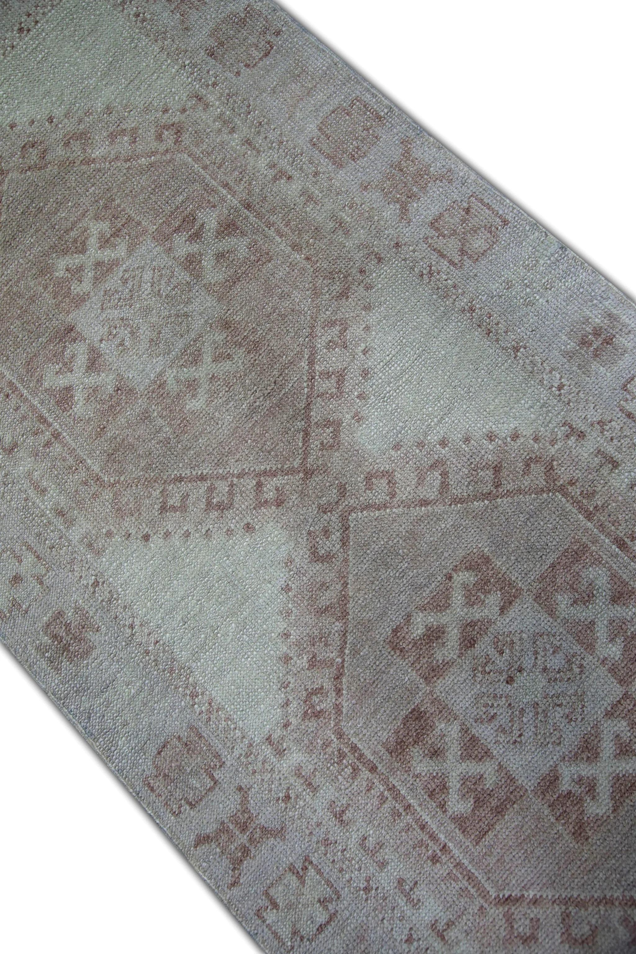 Contemporary Pink and Beige Geometric Medallion Handwoven Wool Turkish Oushak Rug 3' x 6'3