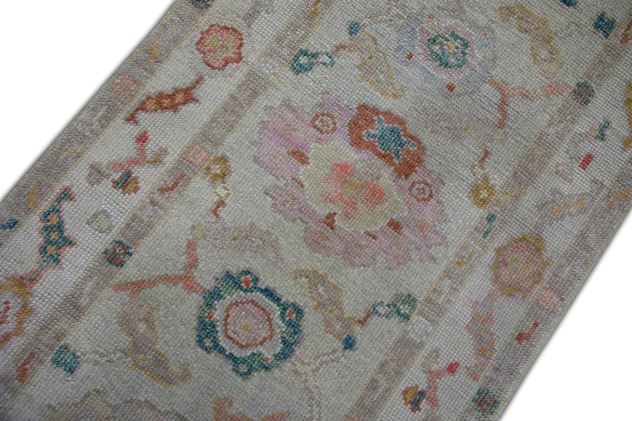 Contemporary Multicolor Floral Handwoven Wool Turkish Oushak Rug 2'7