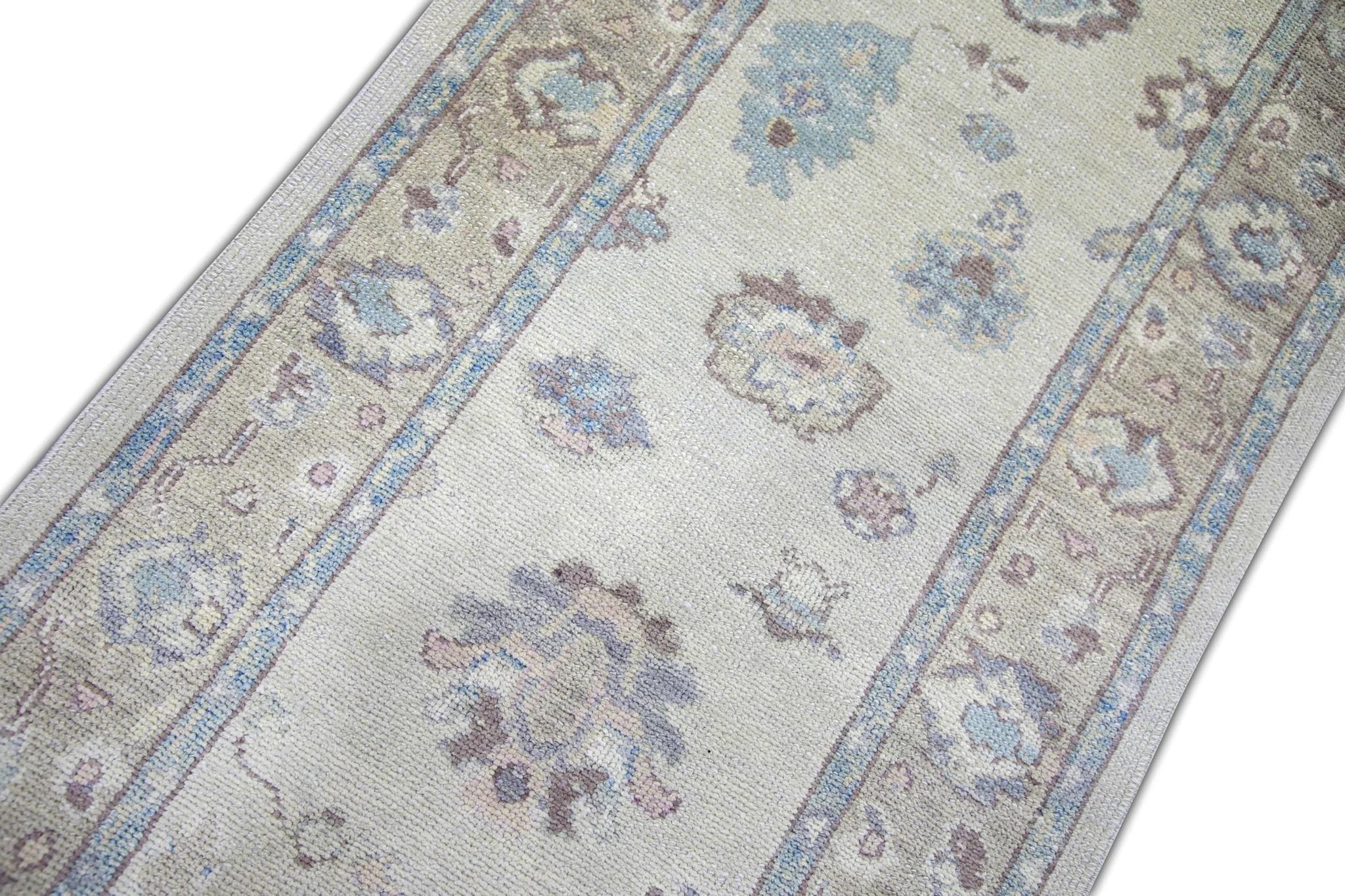 Contemporary Cream, Blue, and Purple Floral Handwoven Wool Turkish Oushak Rug 3'2