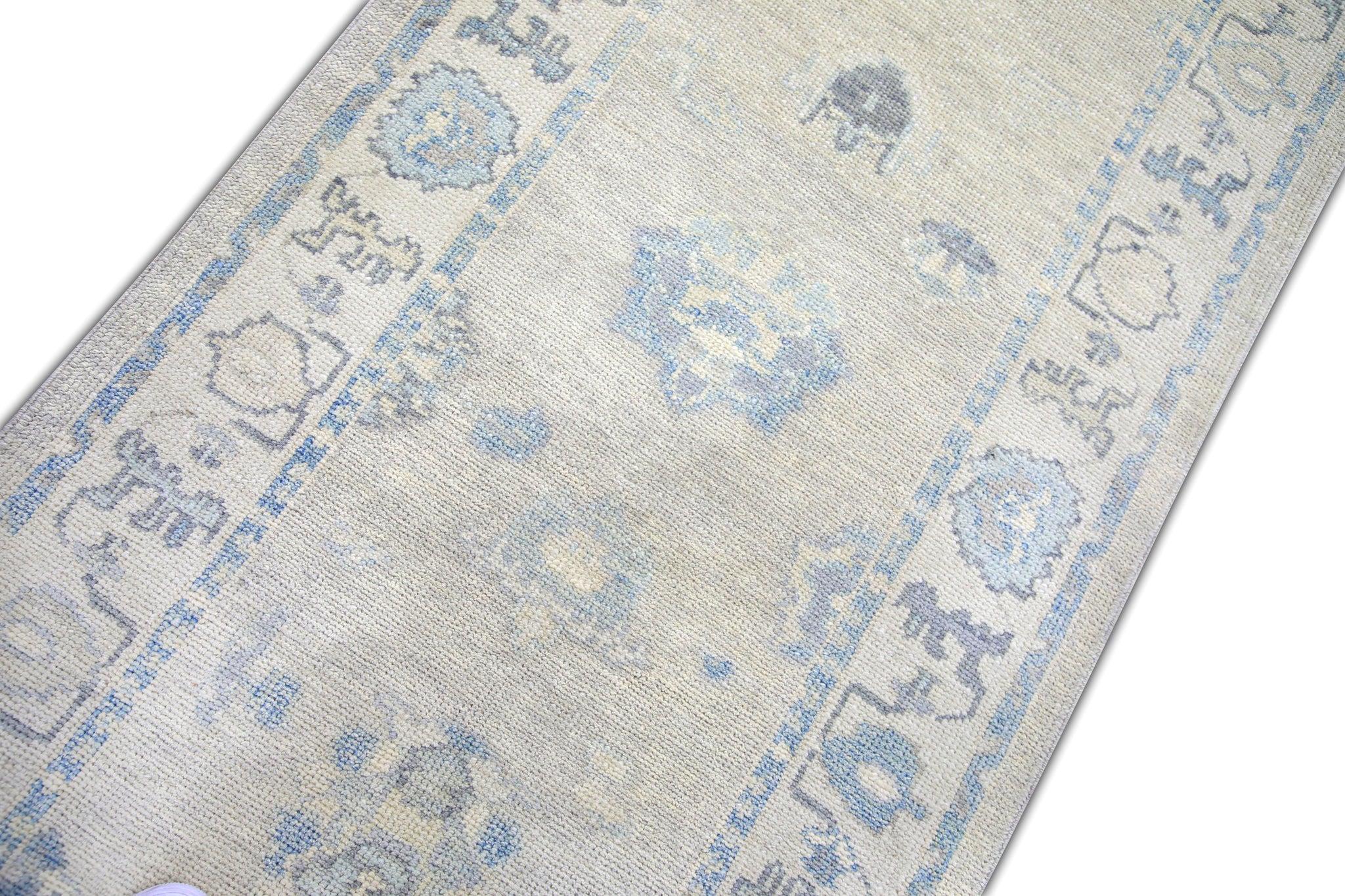 Contemporary Floral Handwoven Wool Turkish Oushak Rug in Cream and Soft Blue 3'2