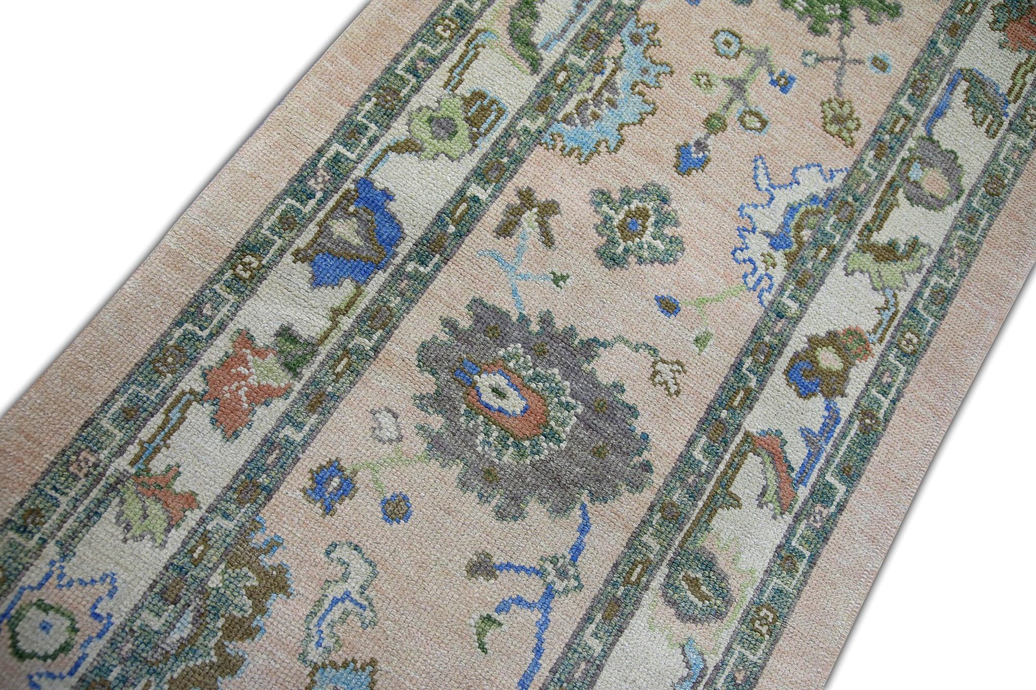 Contemporary Pale Pink, Green, and Blue Floral Handwoven Wool Turkish Oushak Rug 2'11