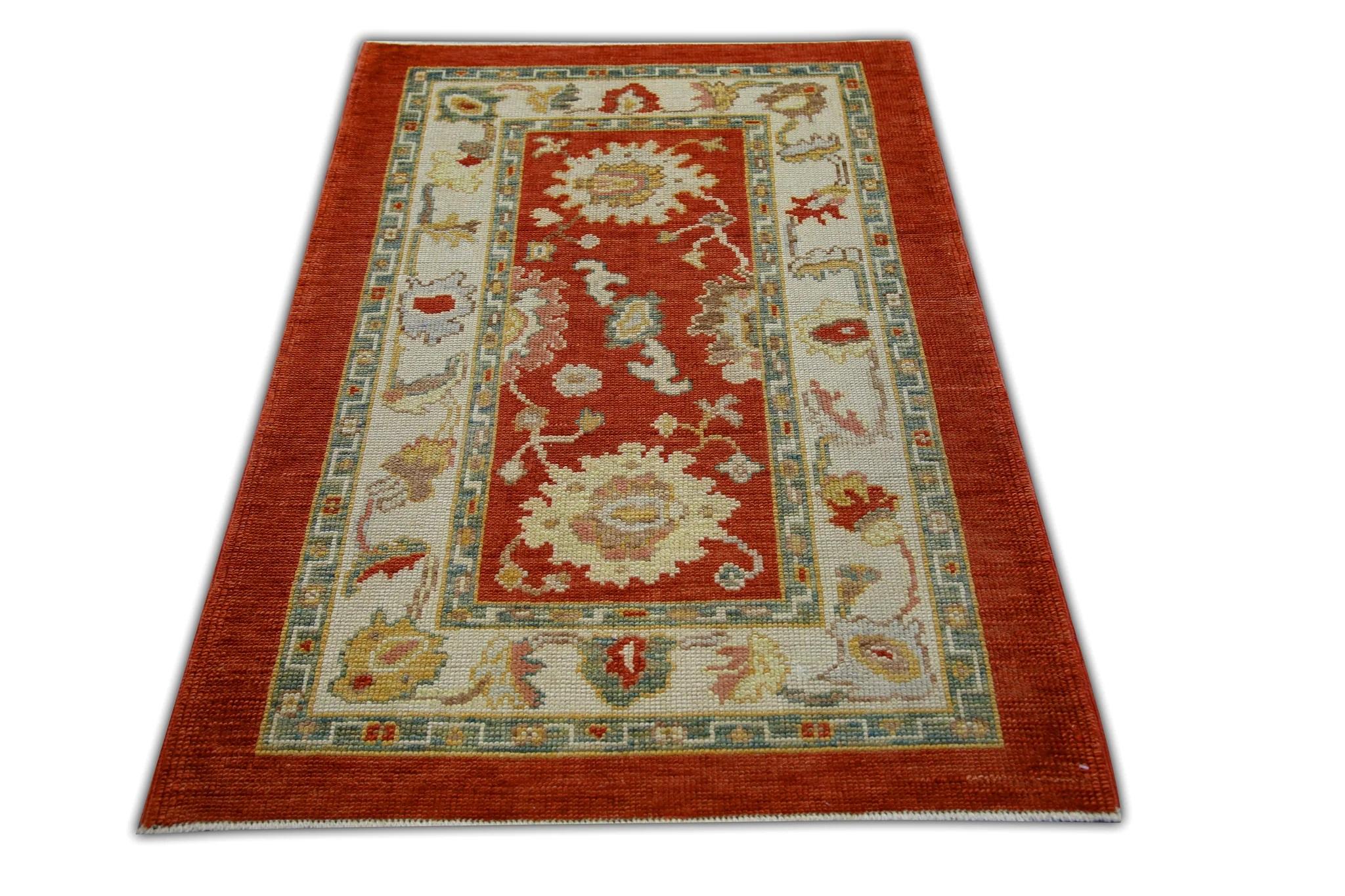 Contemporary Floral Handwoven Wool Turkish Oushak Rug in Deep Red, Cream, and Green 3'1x4'10 For Sale