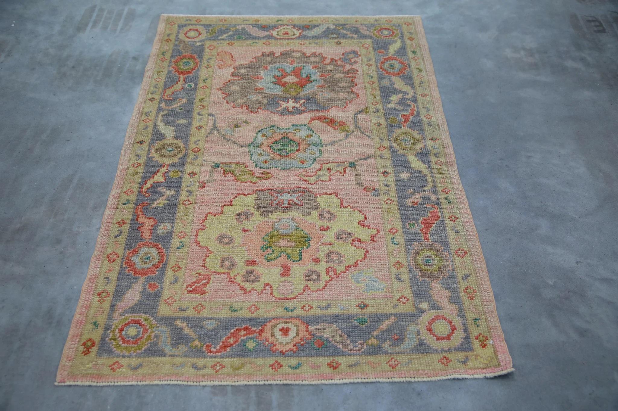 Contemporary Soft Pink Handwoven Wool Turkish Oushak Rug in Floral Pattern 3' x 4'10