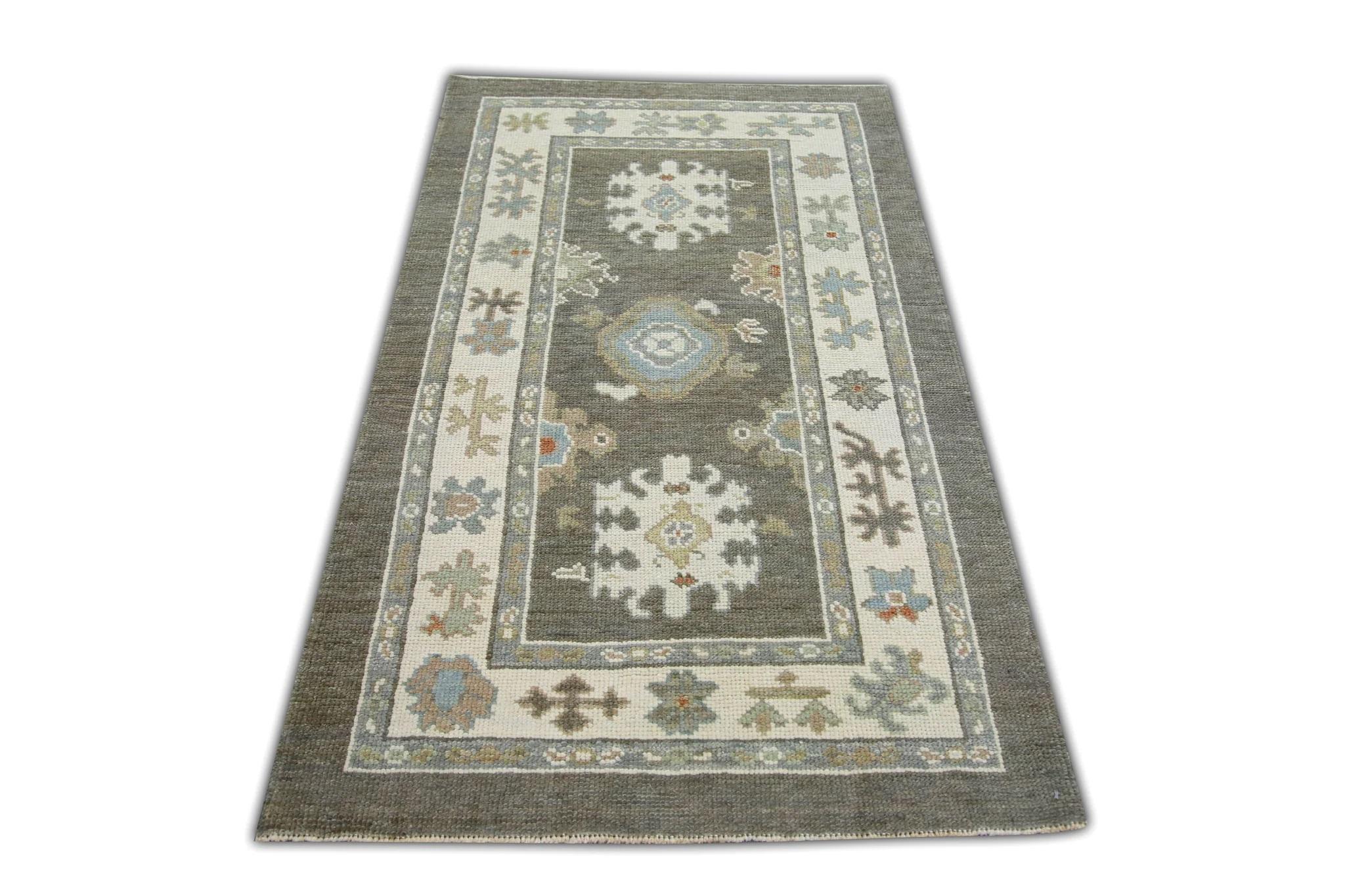 Contemporary Olive Green Floral Handwoven Wool Turkish Oushak Rug 3' x 5'4