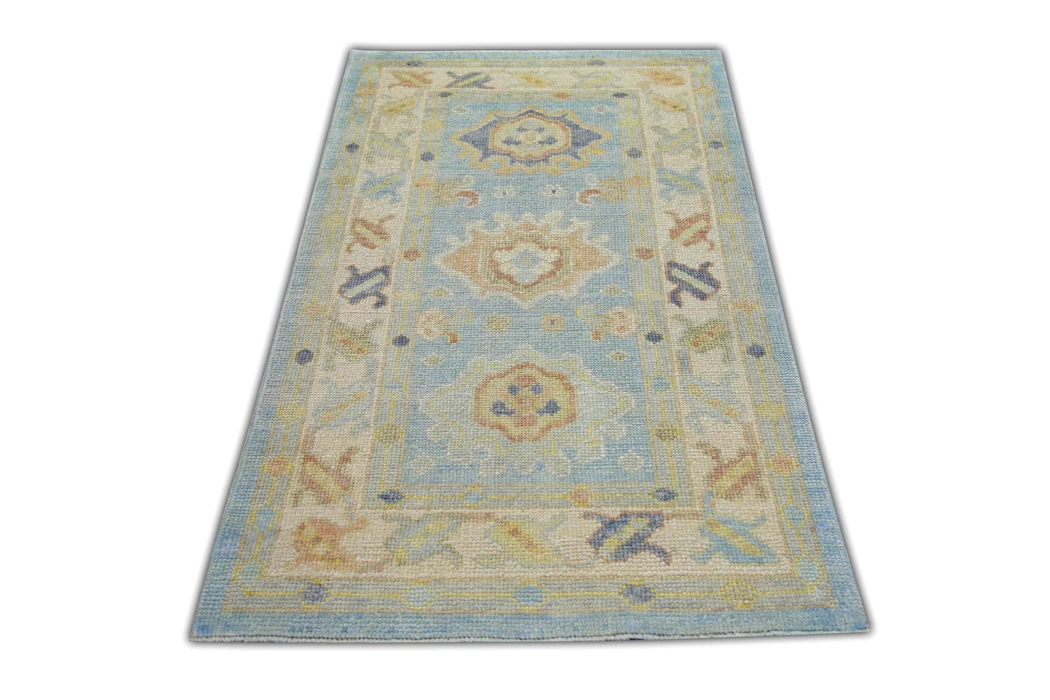 Contemporary Geometric Floral Handwoven Turkish Oushak Rug in Pastel Blue 2'10