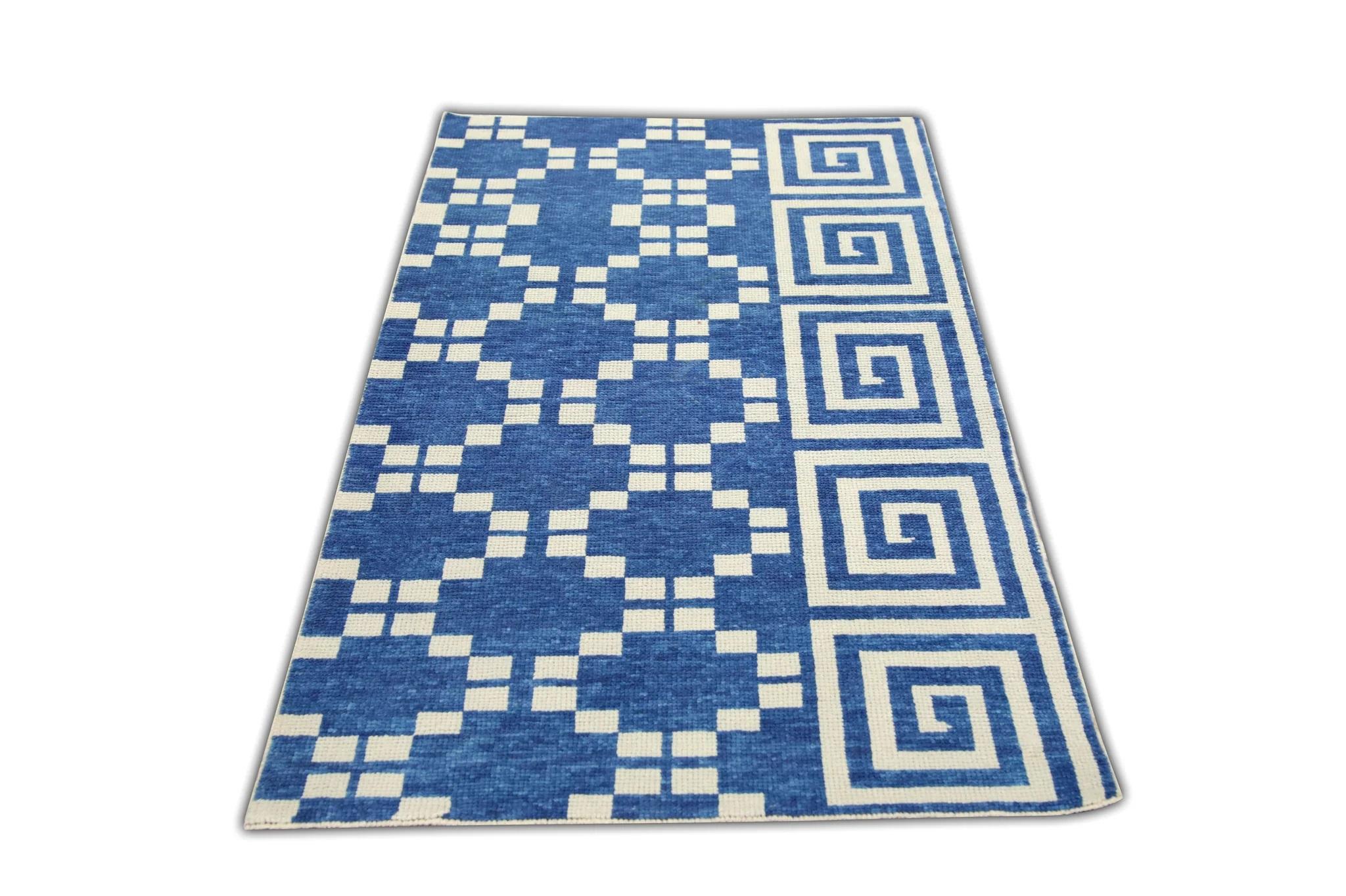 Contemporary Tribal Geometric Handwoven Turkish Oushak Rug in Blue and Cream 3' x 5'2