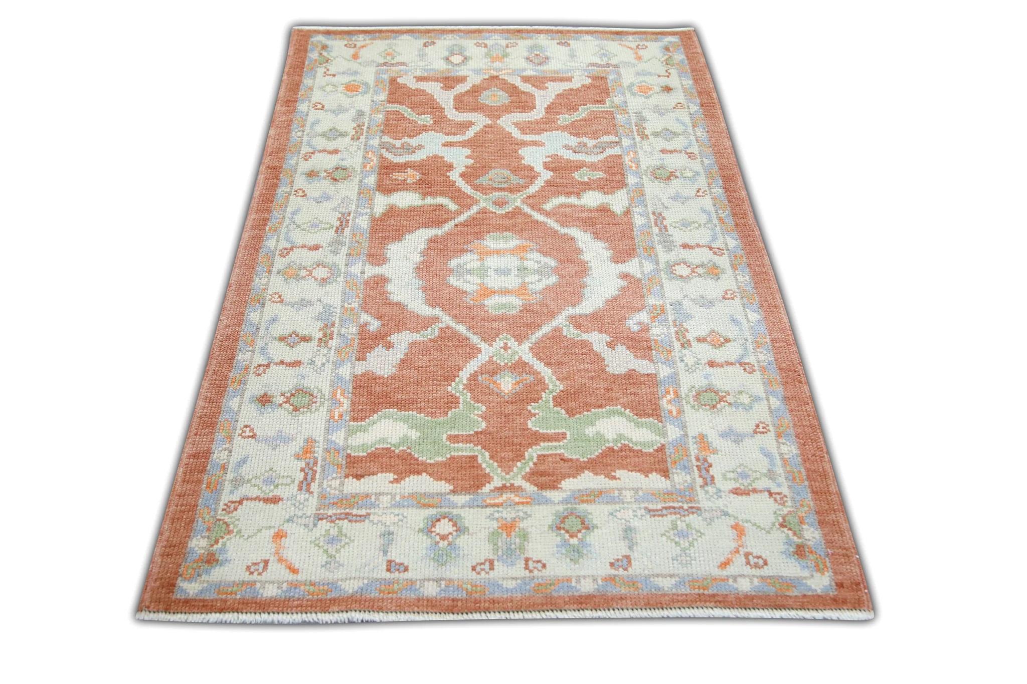 Contemporary All-Over Floral Handwoven Turkish Oushak Rug in Coral, Cream, and Blue 3'2 x 5'1 For Sale